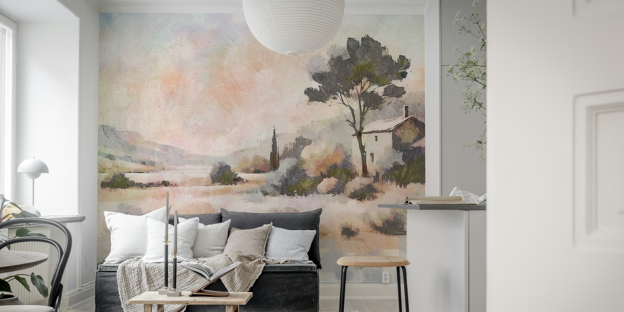 Rustic villa landscape wallpaper in a room