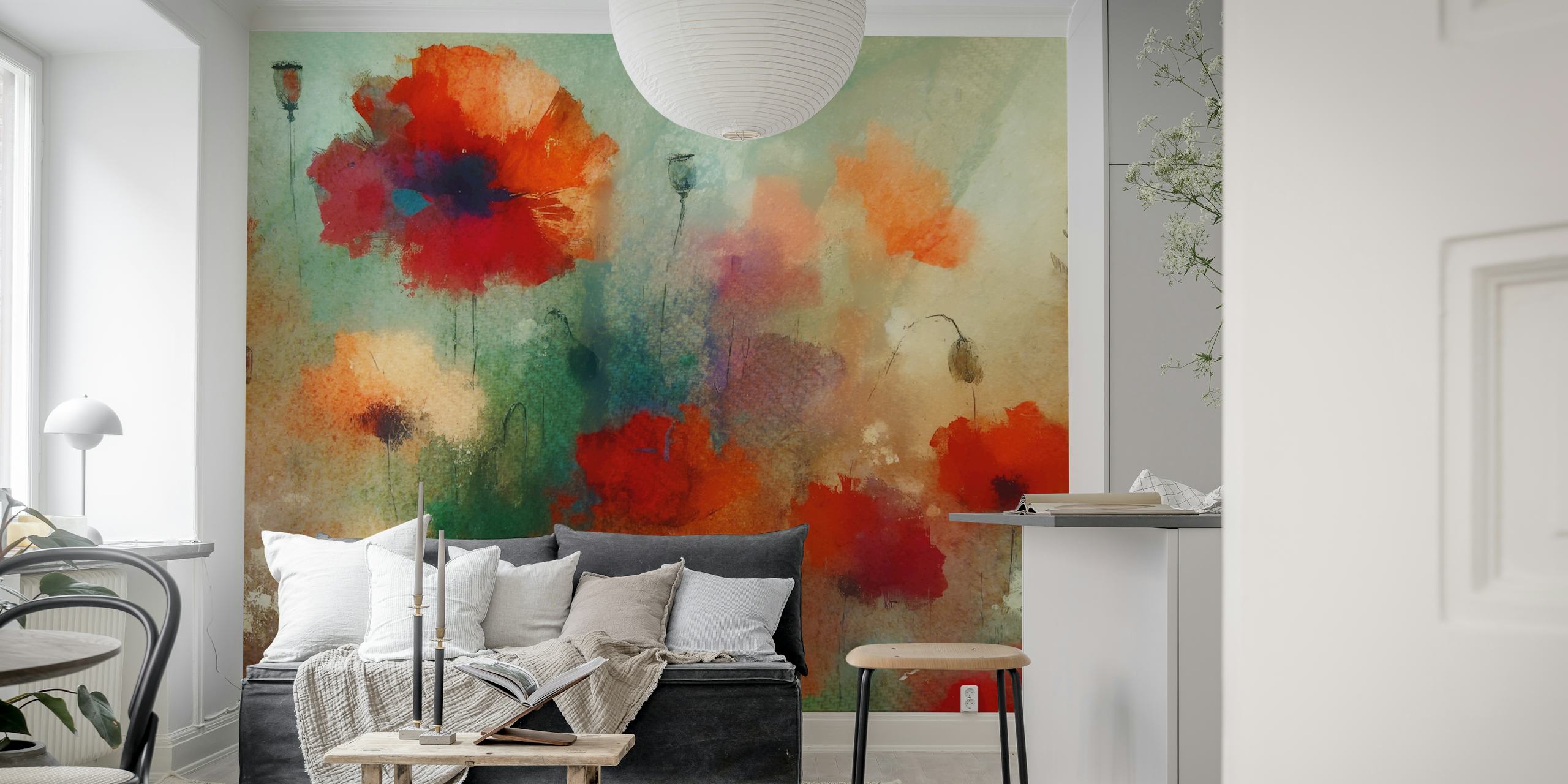 Red poppy flowers on a colorful background wallpaper