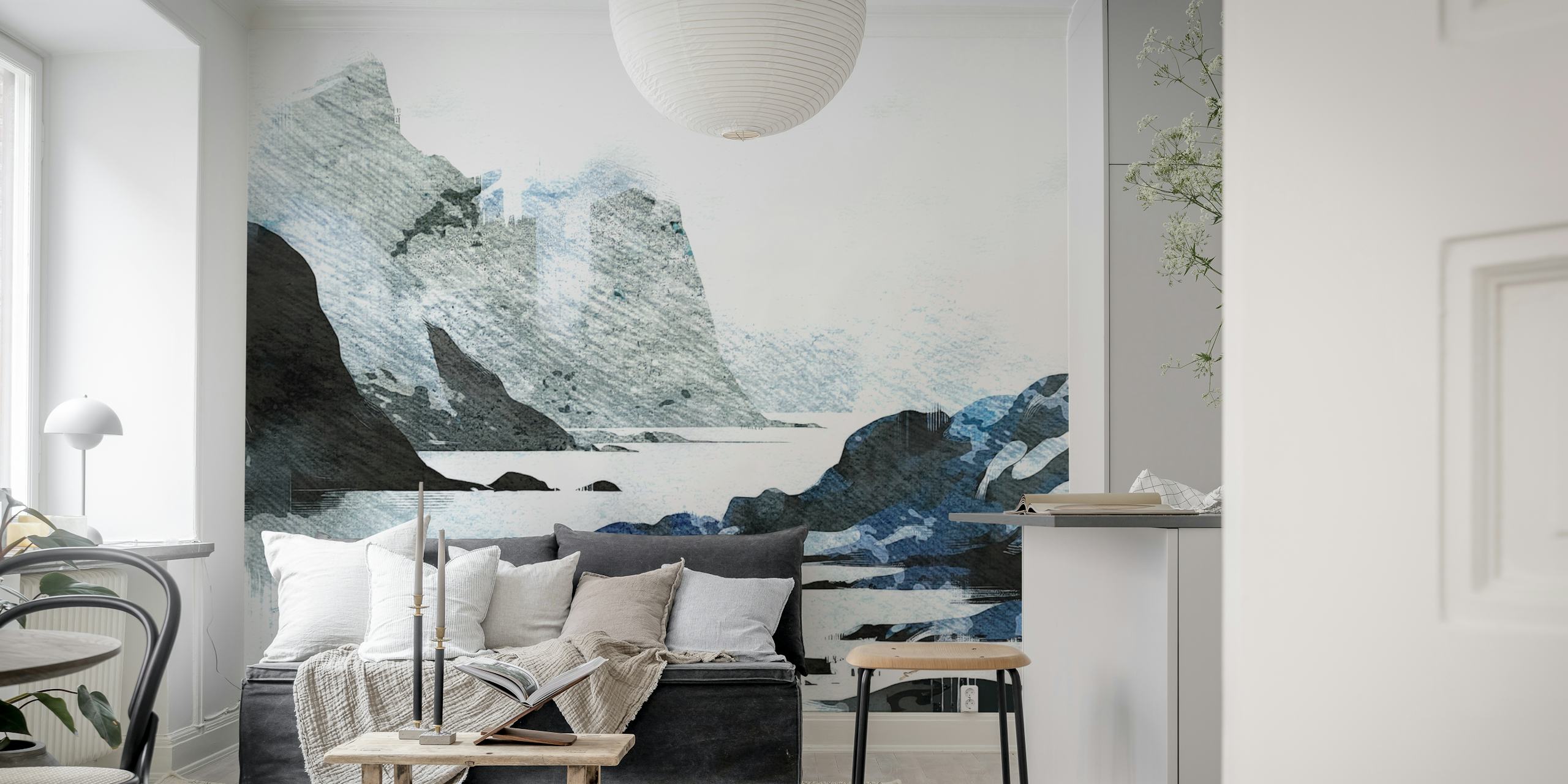 Watercolor Arctic landscape scene with blue and gray hues wallpaper