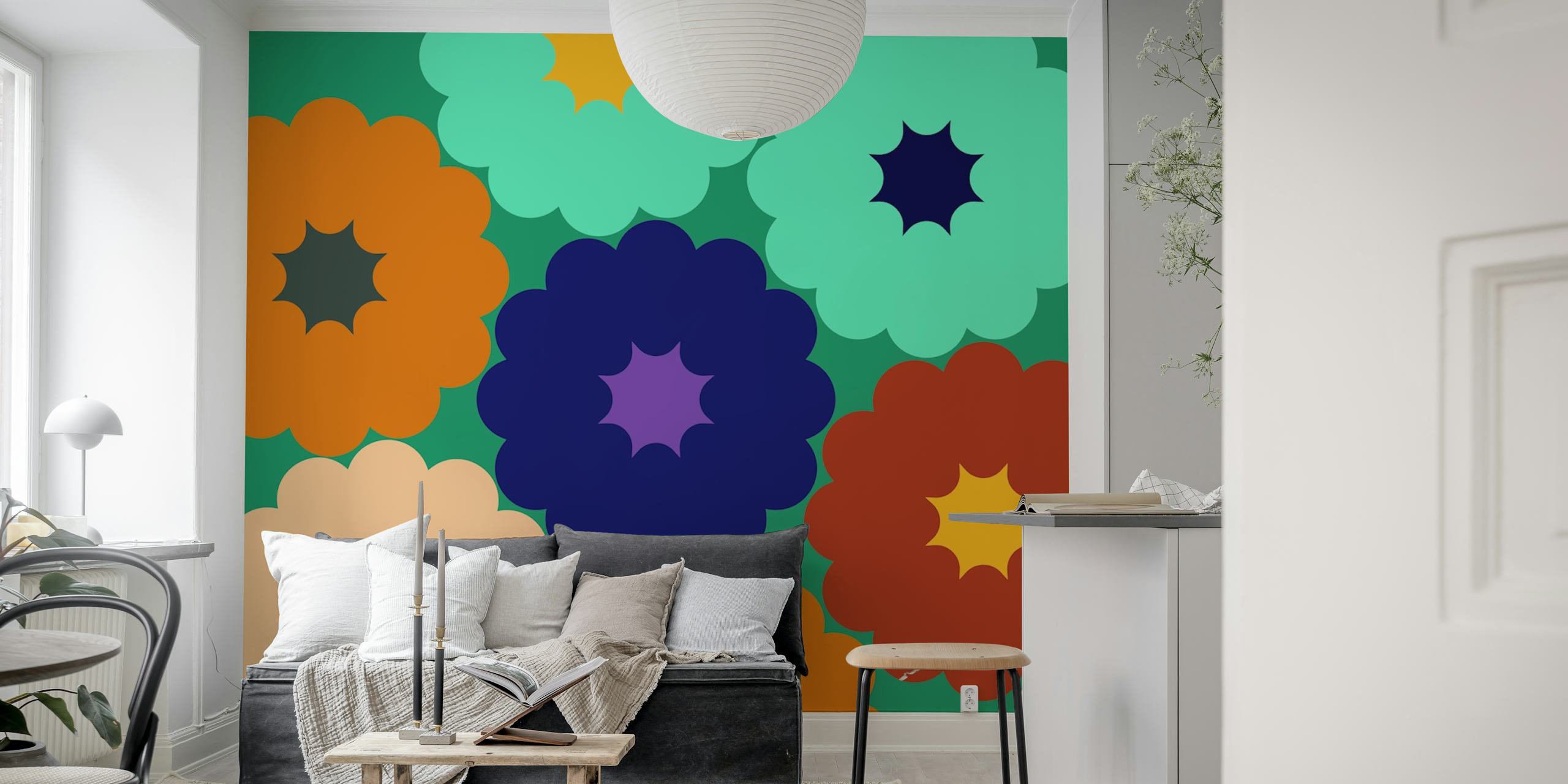 Colorful vintage floral design with orange, blue, green, and cream flowers wallpaper