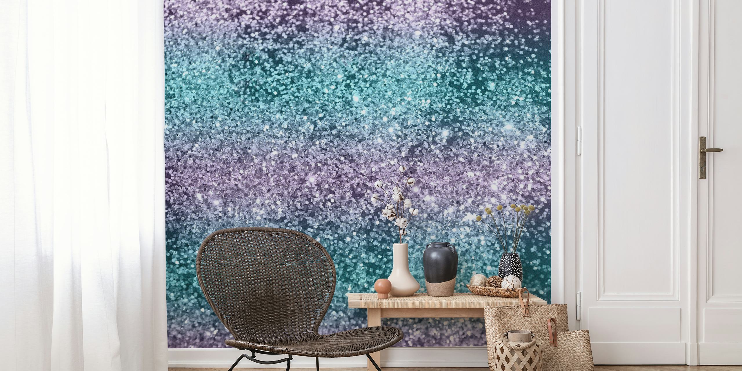 Glittery gradient wall mural with purples and aquas resembling a mermaid's tail
