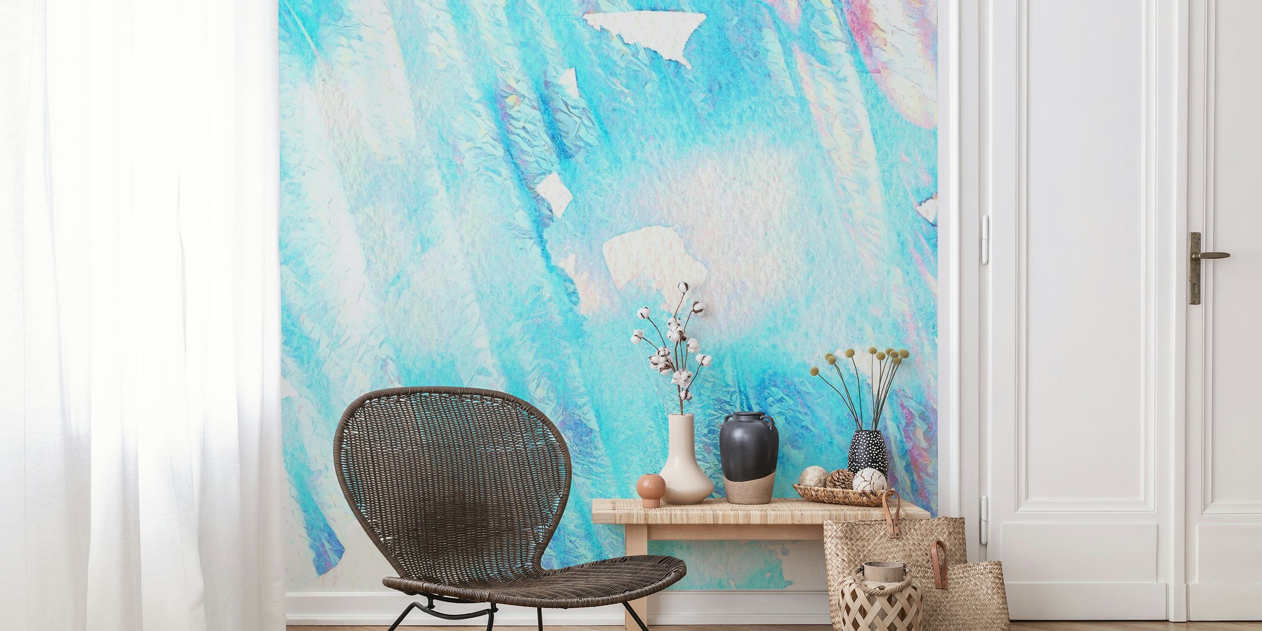 fotomural vinílico de parede com textura azul-petróleo claro e aquarela branca