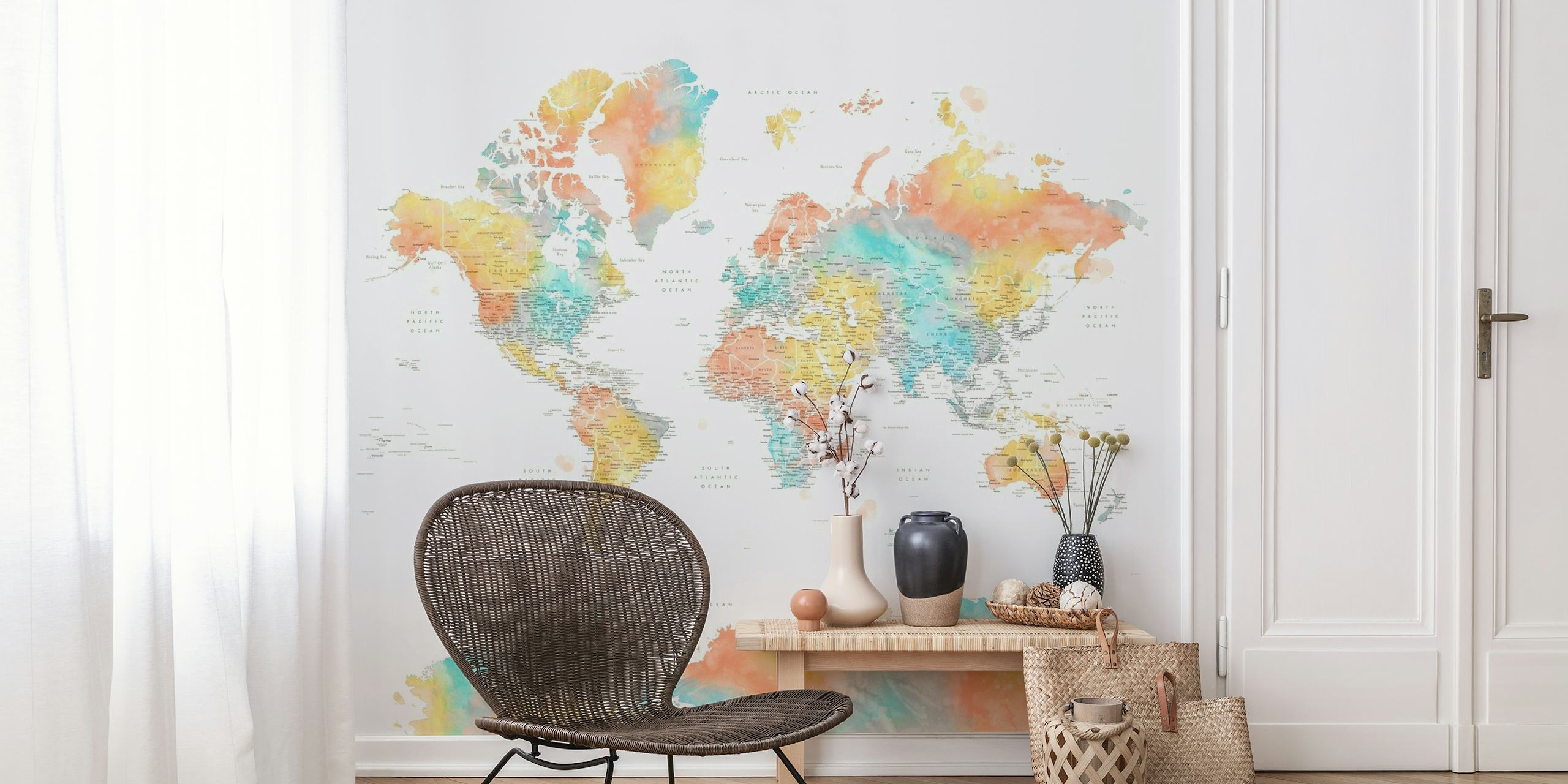 Artistic watercolor world map wall mural with a focus on Antarctica