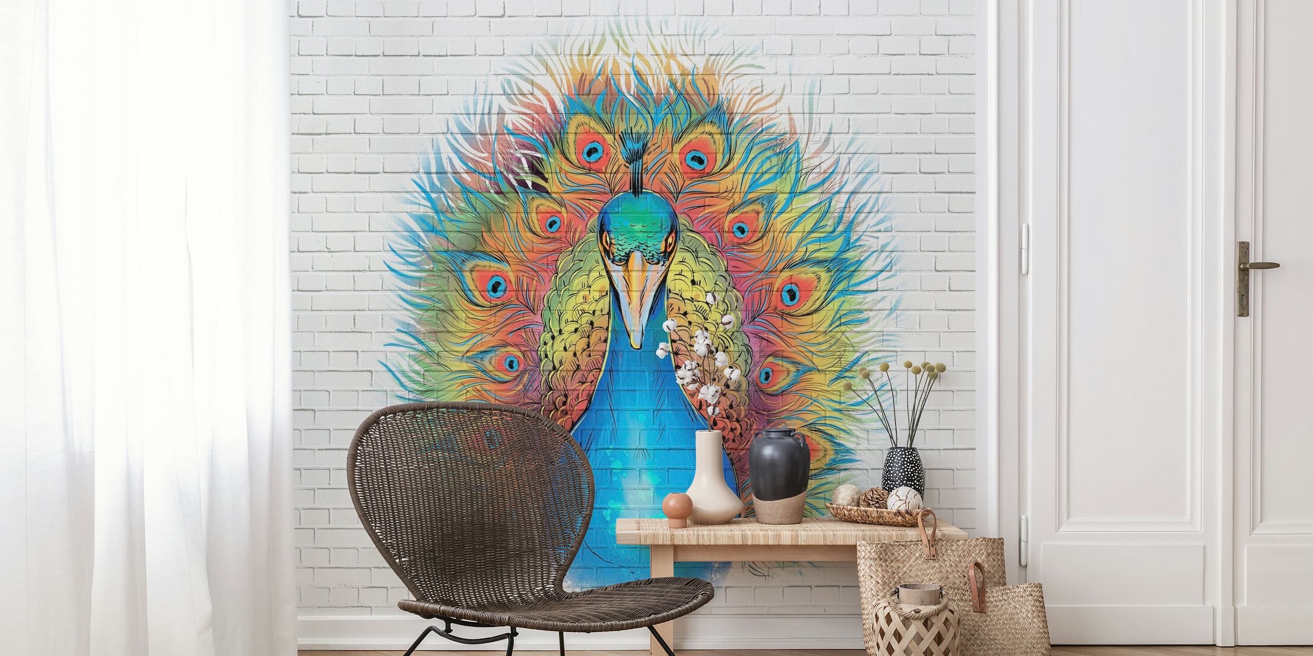 A arte de rua inspirou o mural de parede Angry Peacock Graffiti com cores vivas em um fundo de tijolo branco