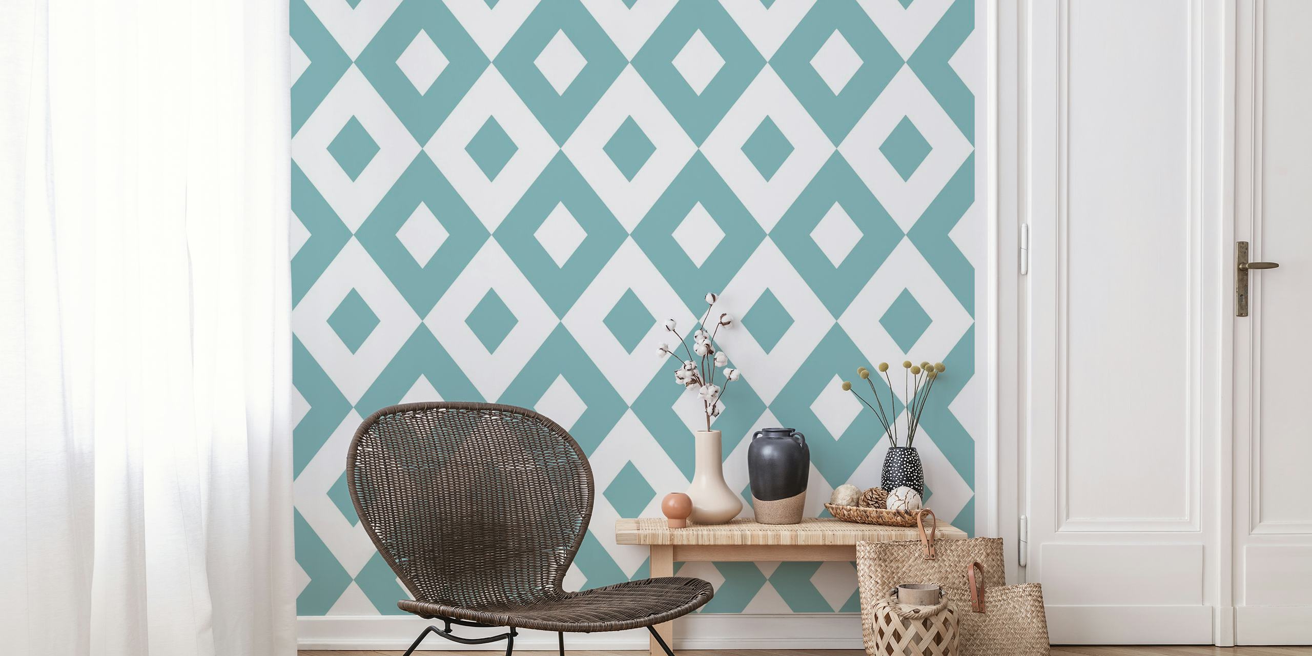 Teal blue white rhombus pattern wallpaper