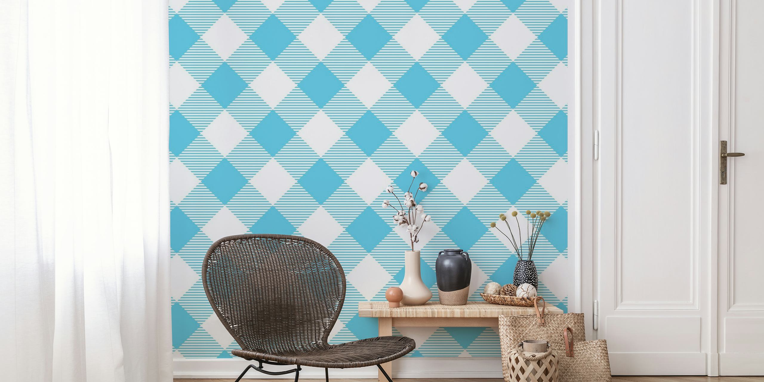 Sky Blue White Gingham Pattern wallpaper