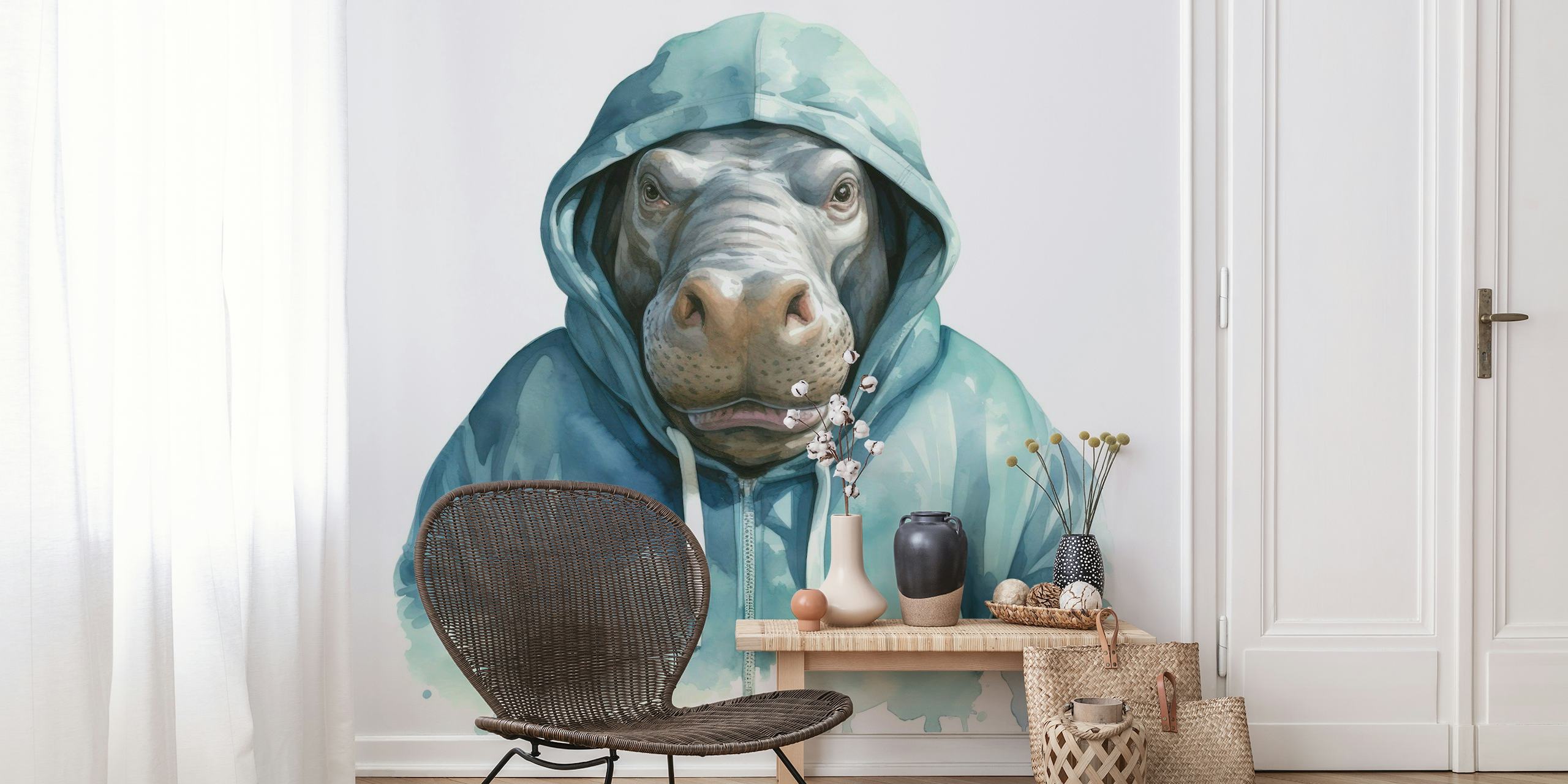 Watercolor Cartoon Hippopotamus in a Hoodie tapetit
