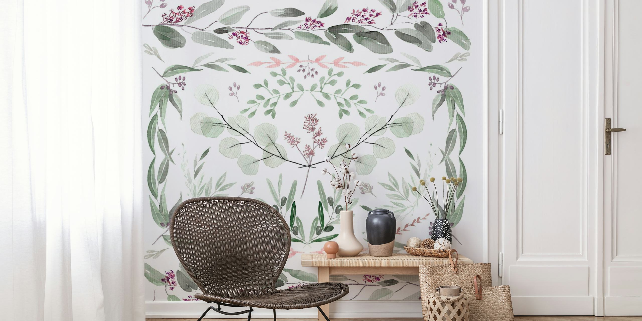 Eucalyptus Scene Olive and Pink Wall Mural wallpaper