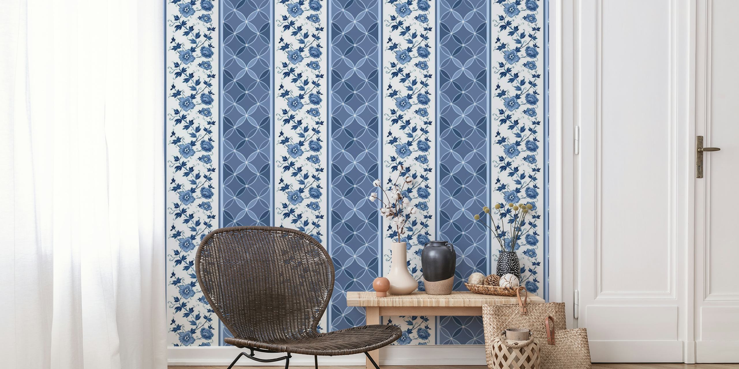 Blue florals with geometrical border wallpaper