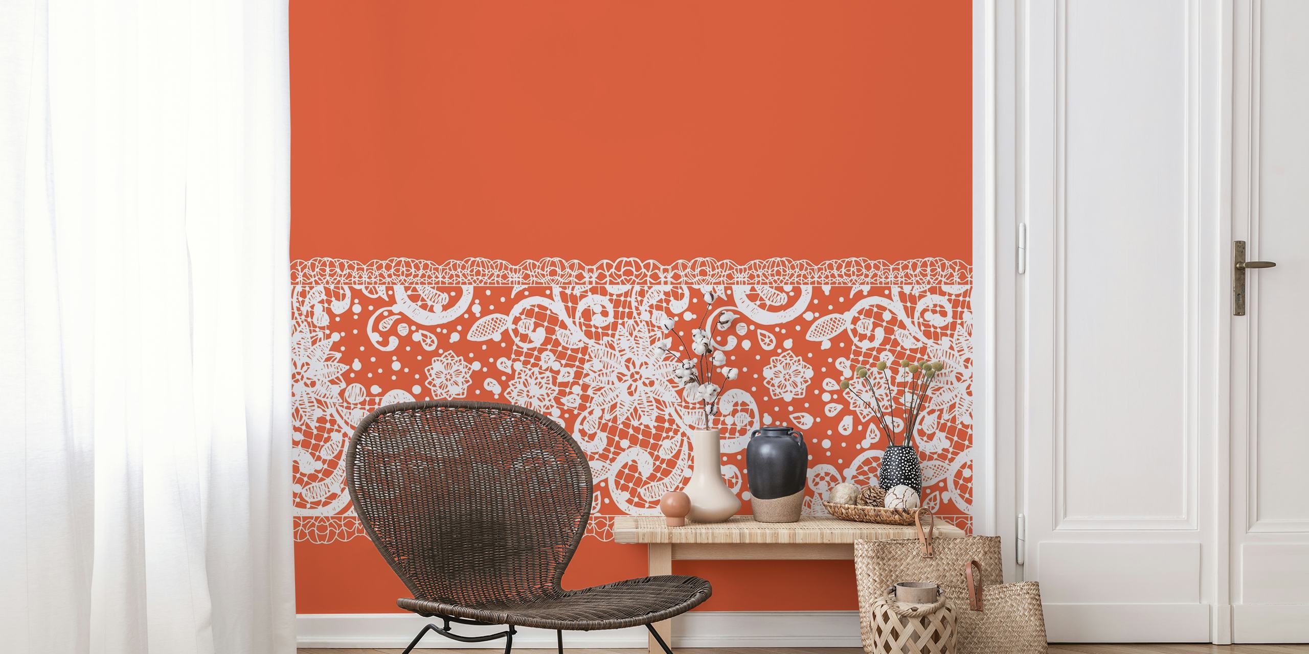 White lace flower pattern on orange background wallpaper