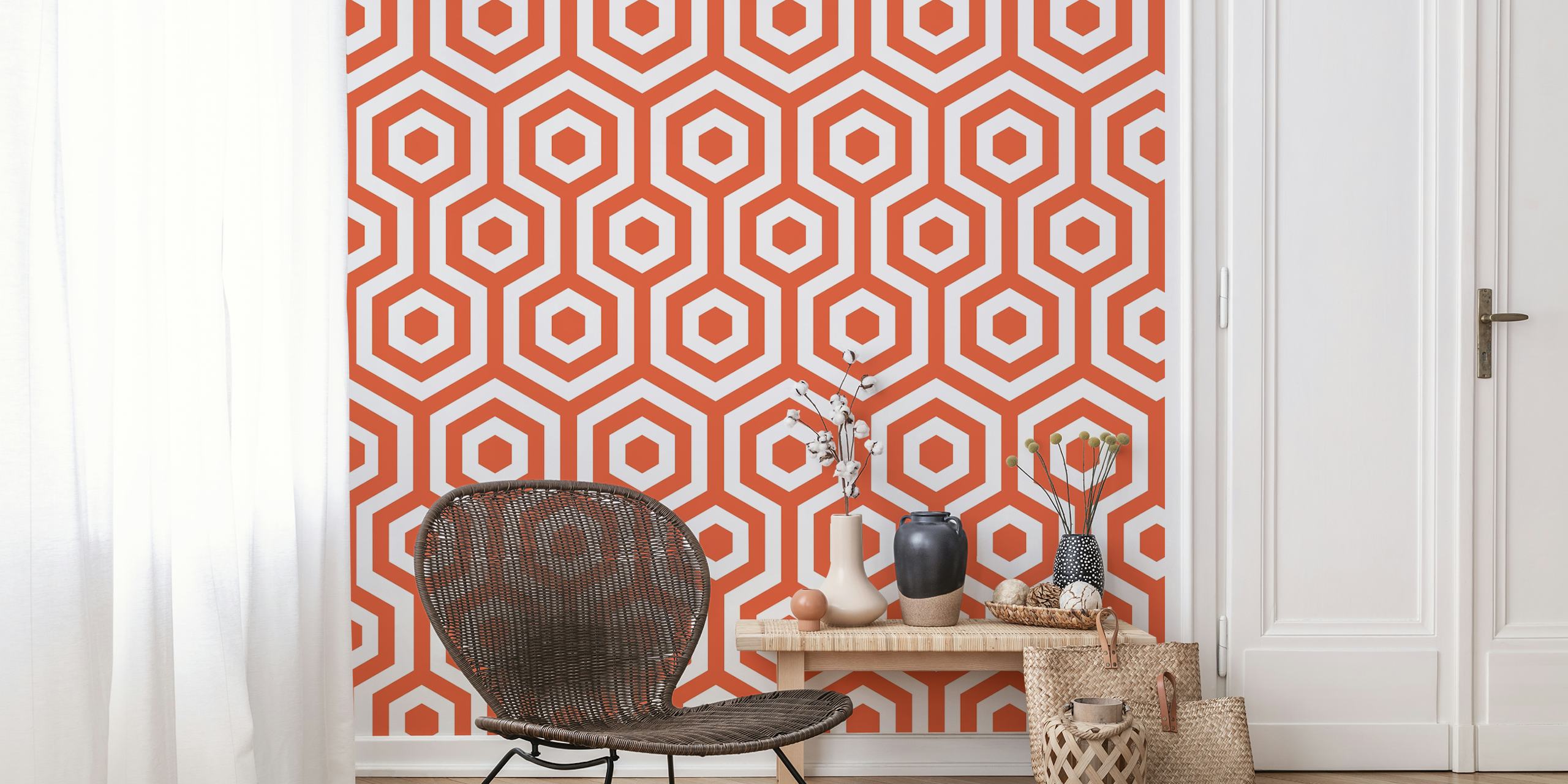White orange hexagon minimalist wallpaper in a room
