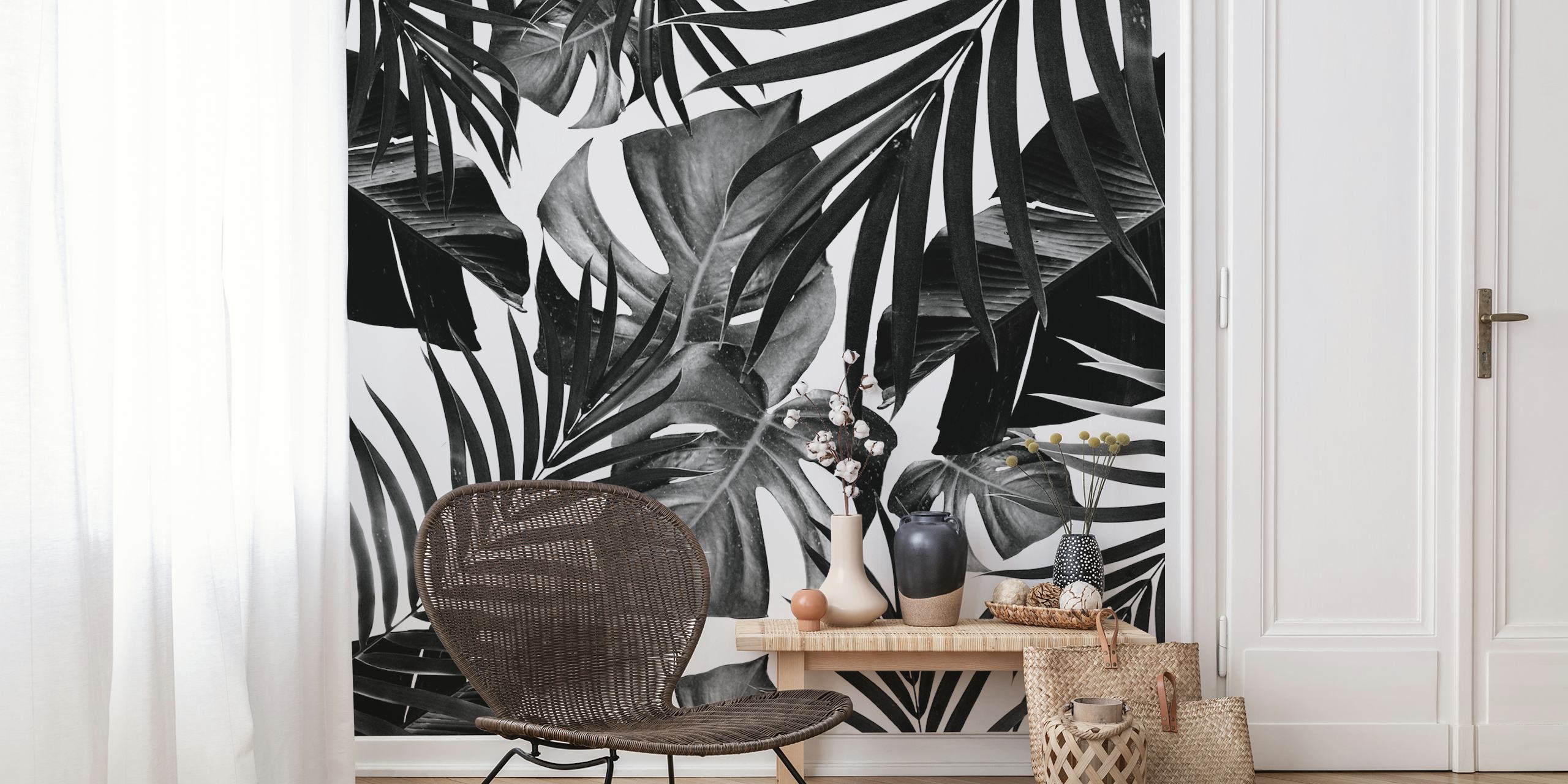 Black and white tropical leaves wallpaper