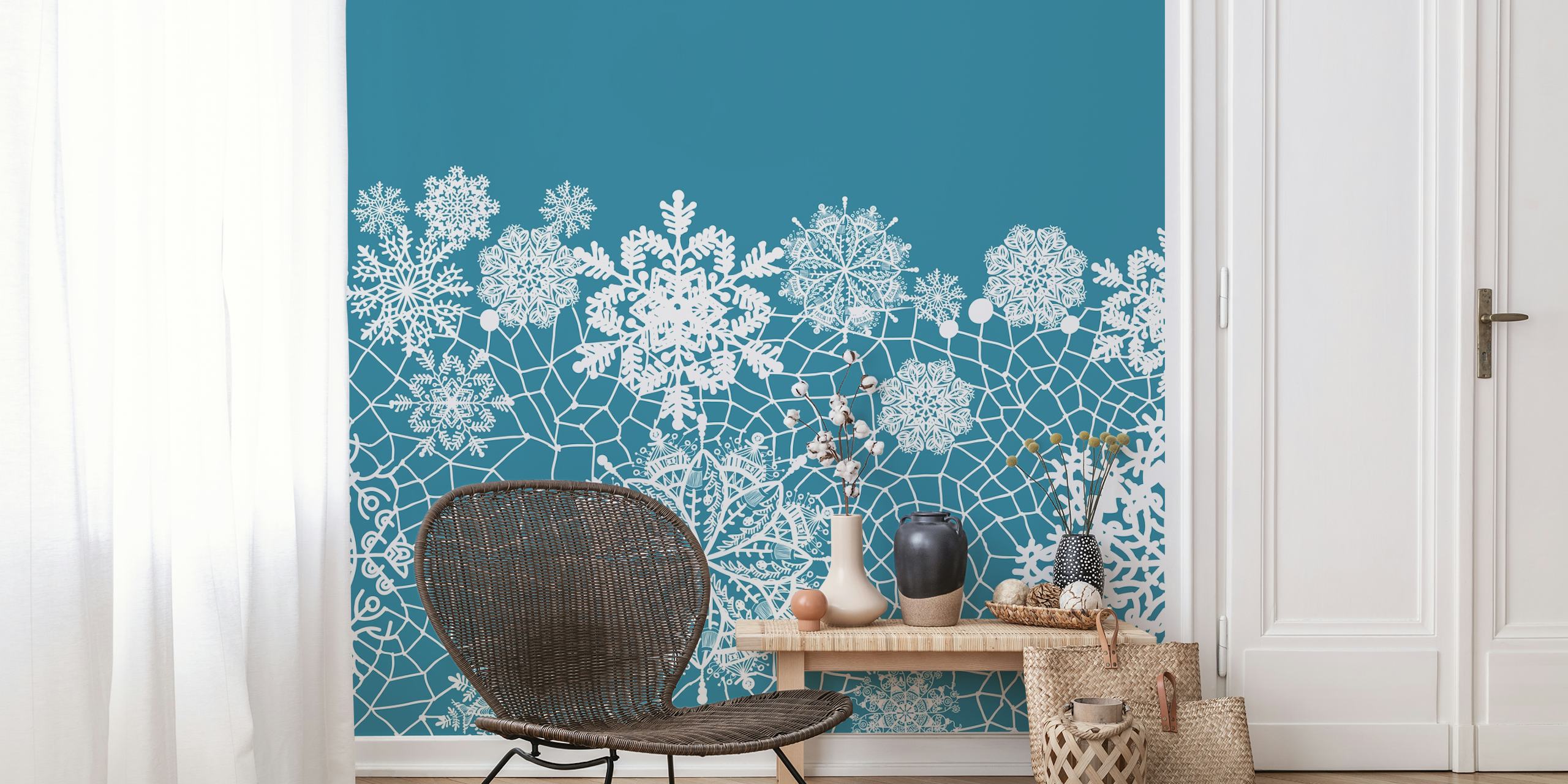 White lace snowflake patterns on teal background wallpaper