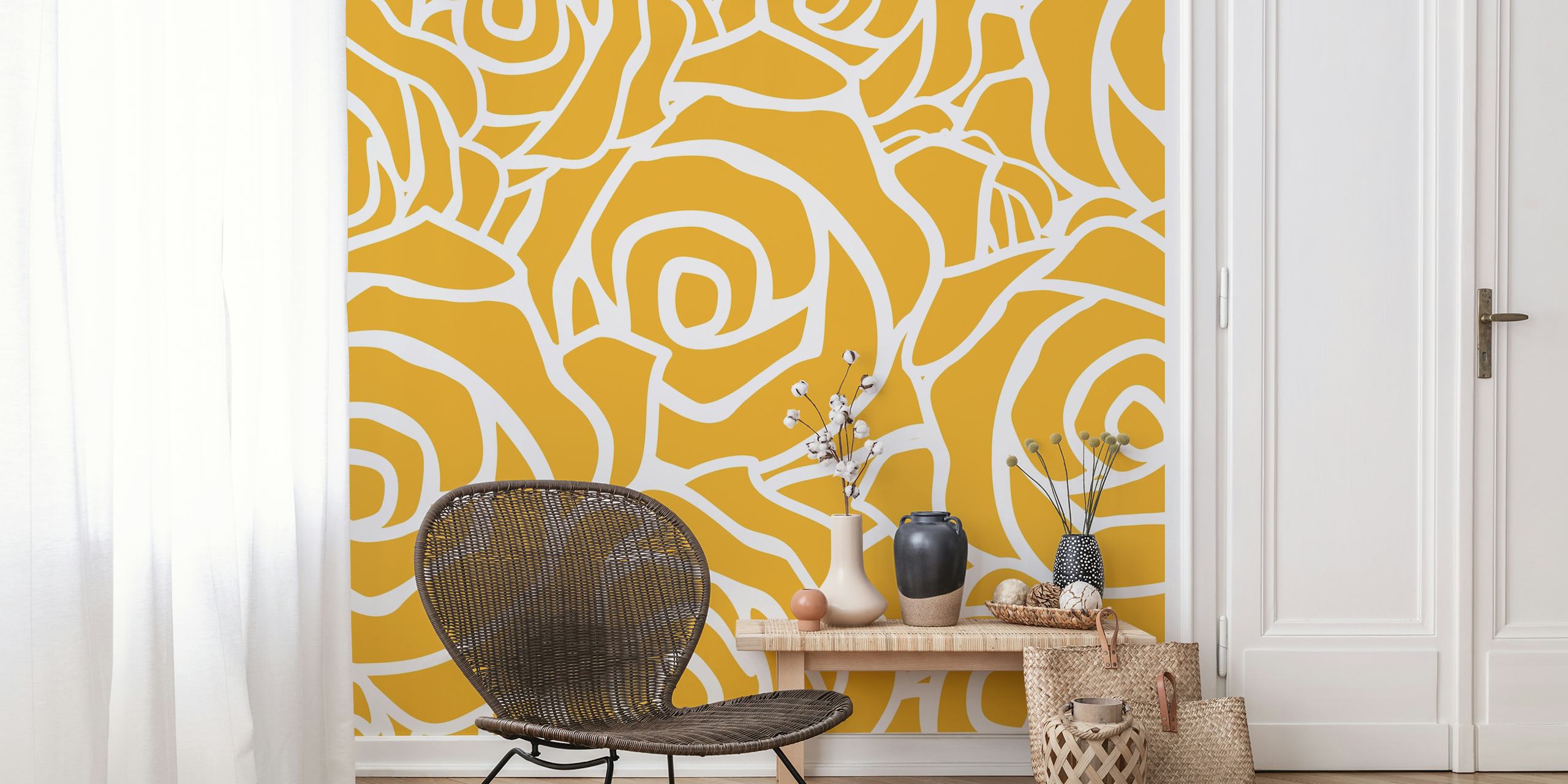 Yellow roses with white outlines floral wallpaper