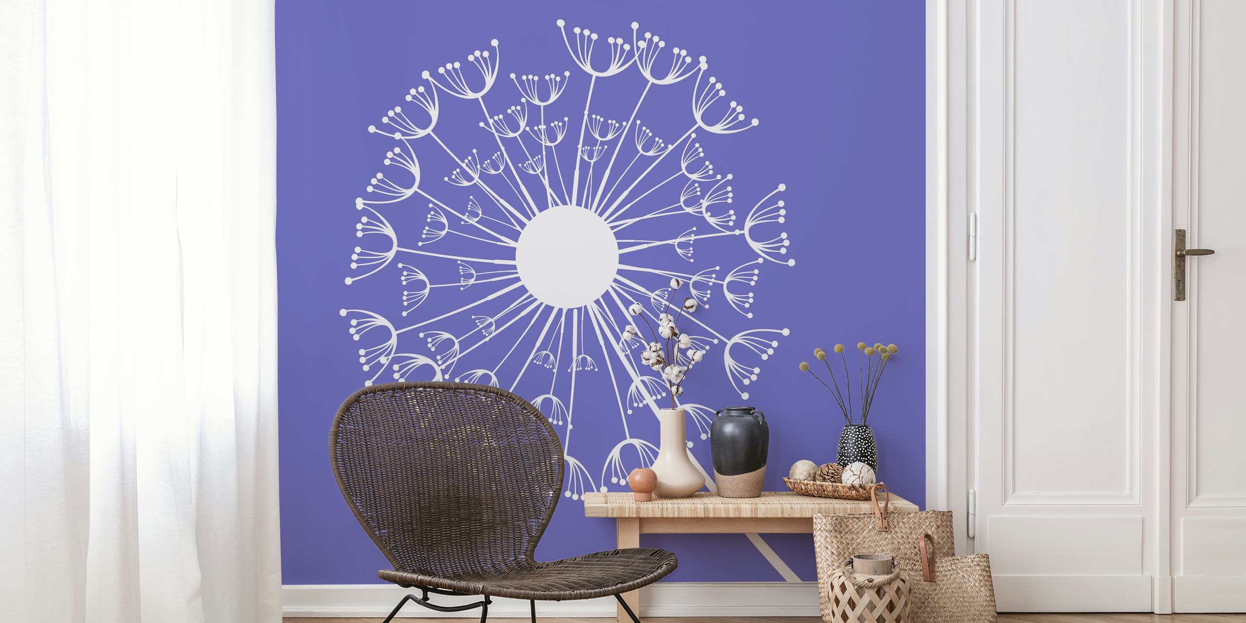 White dandelion floral pattern on purple background wallpaper