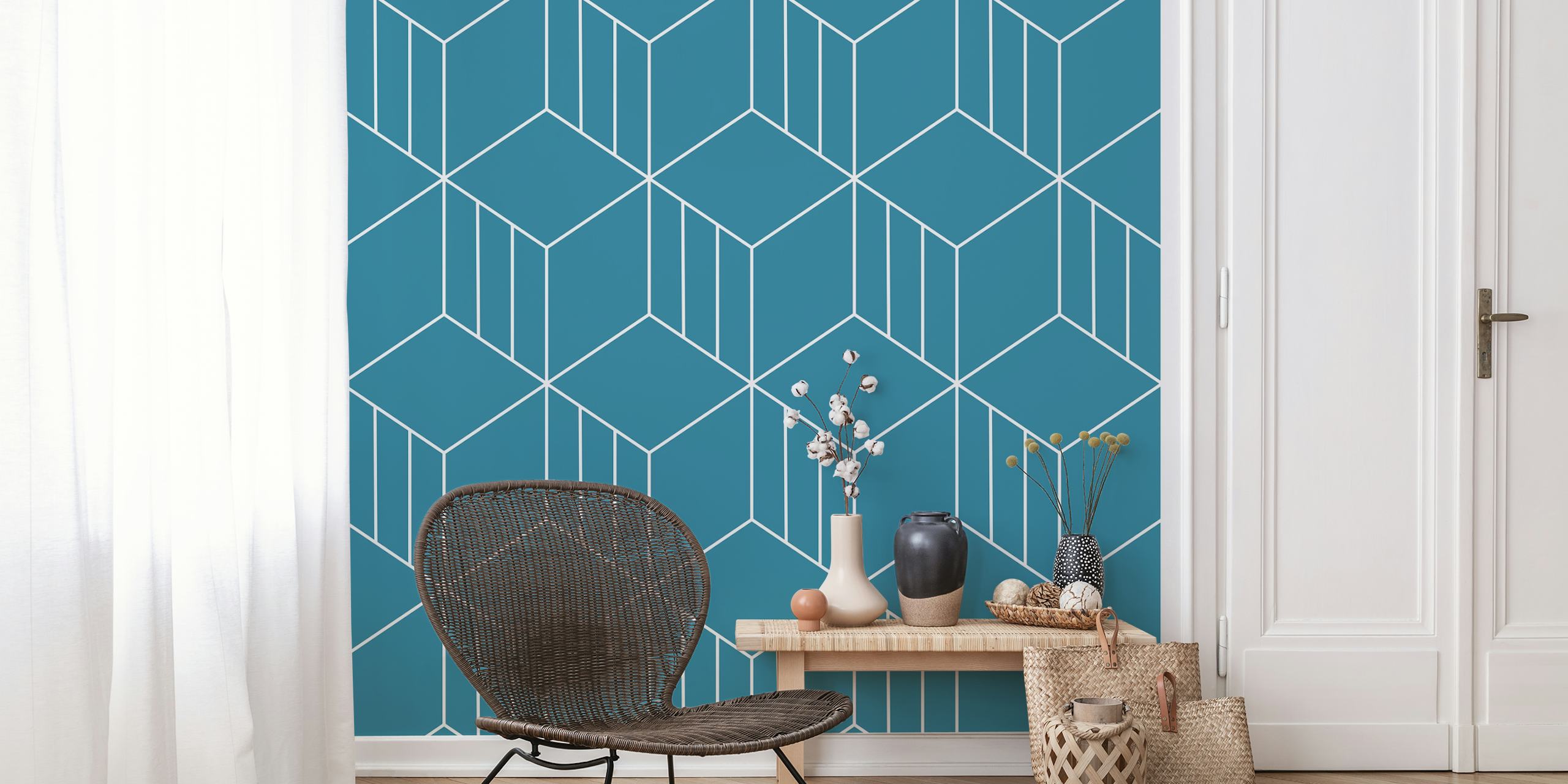 Behang Dark Green Teal Jade Cubes in een kamer