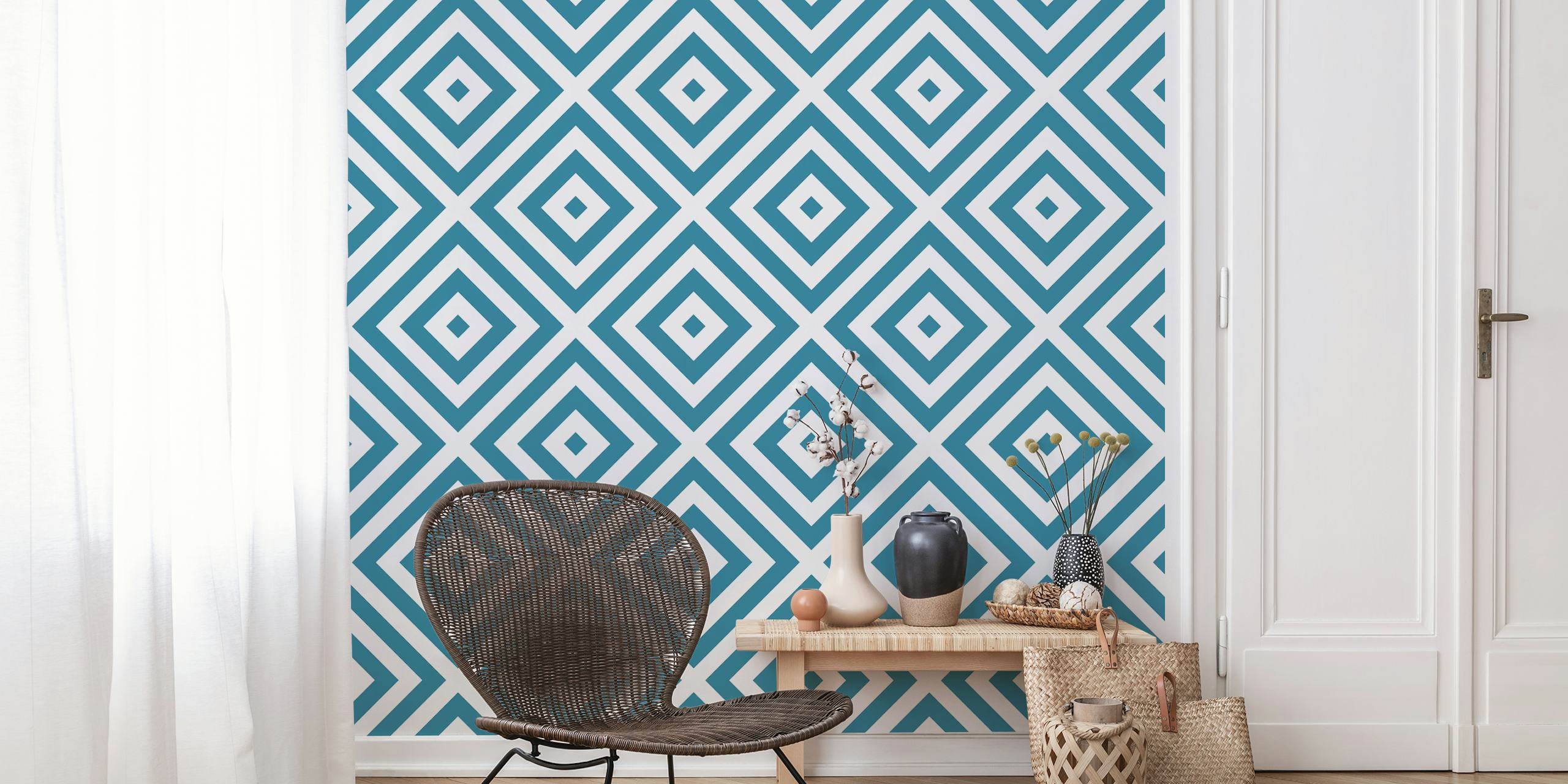Geometric teal and white squares wallpaper in a room