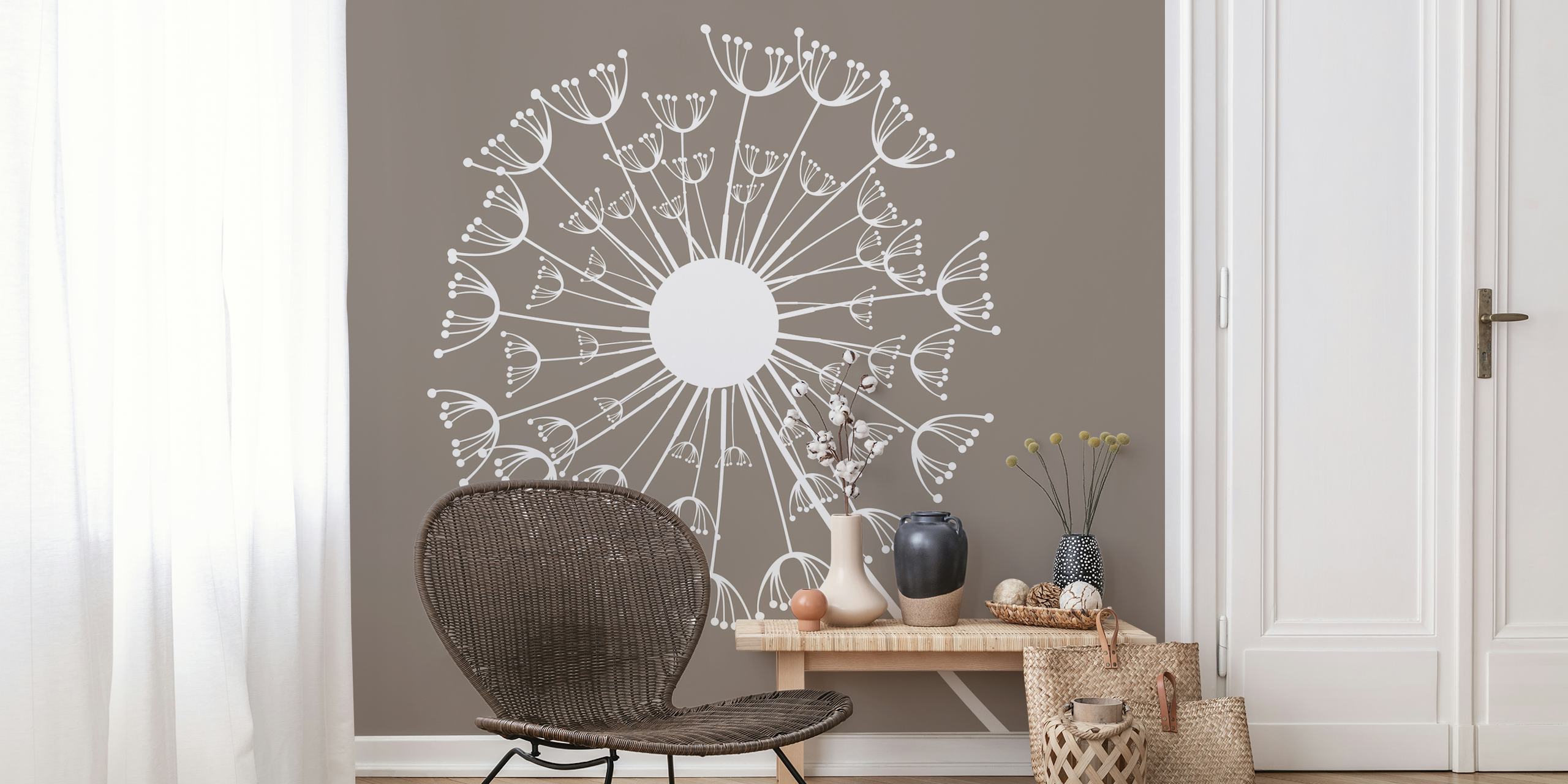 Dandelion flower illustration in white on taupe wallpaper