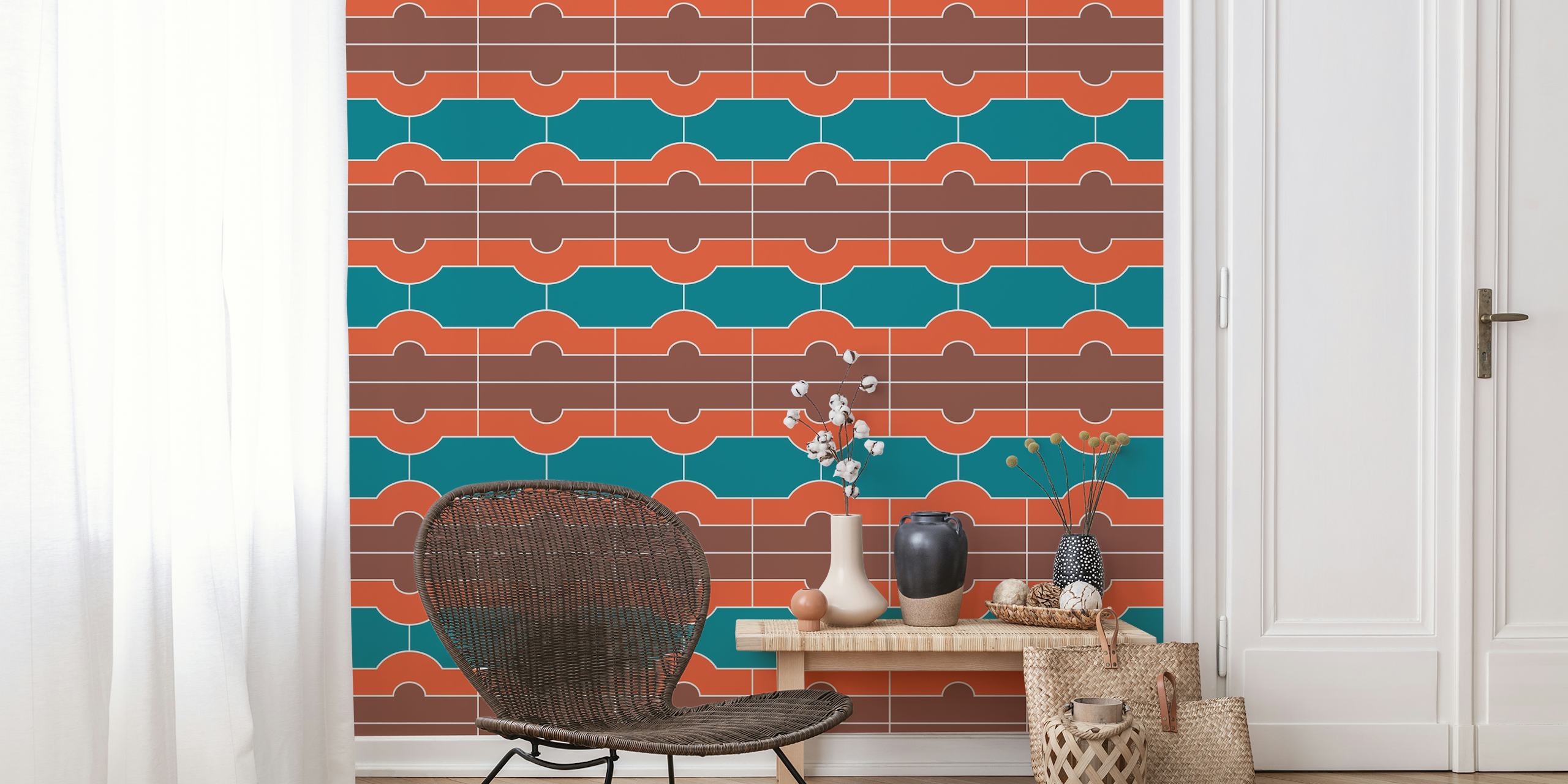 Mural de parede com padrão geométrico colorido inspirado em Alhambra em tons de terracota, verde-azulado e laranja queimado