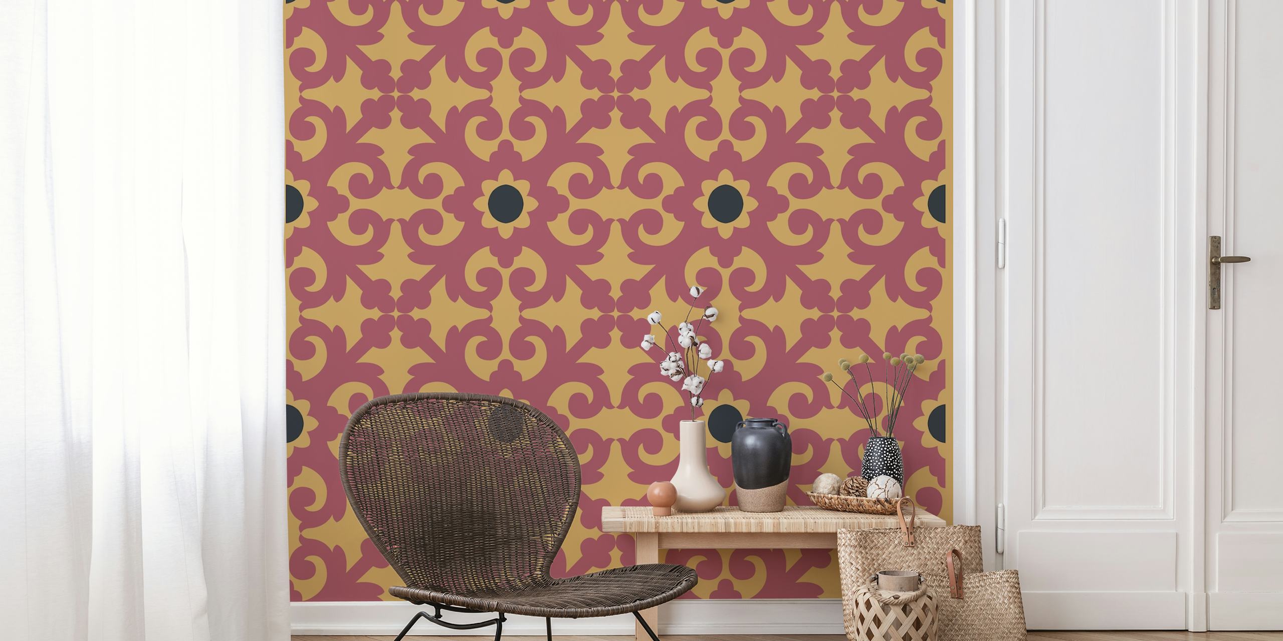 Turkish Kilim pattern in red and gold tones wallpaper