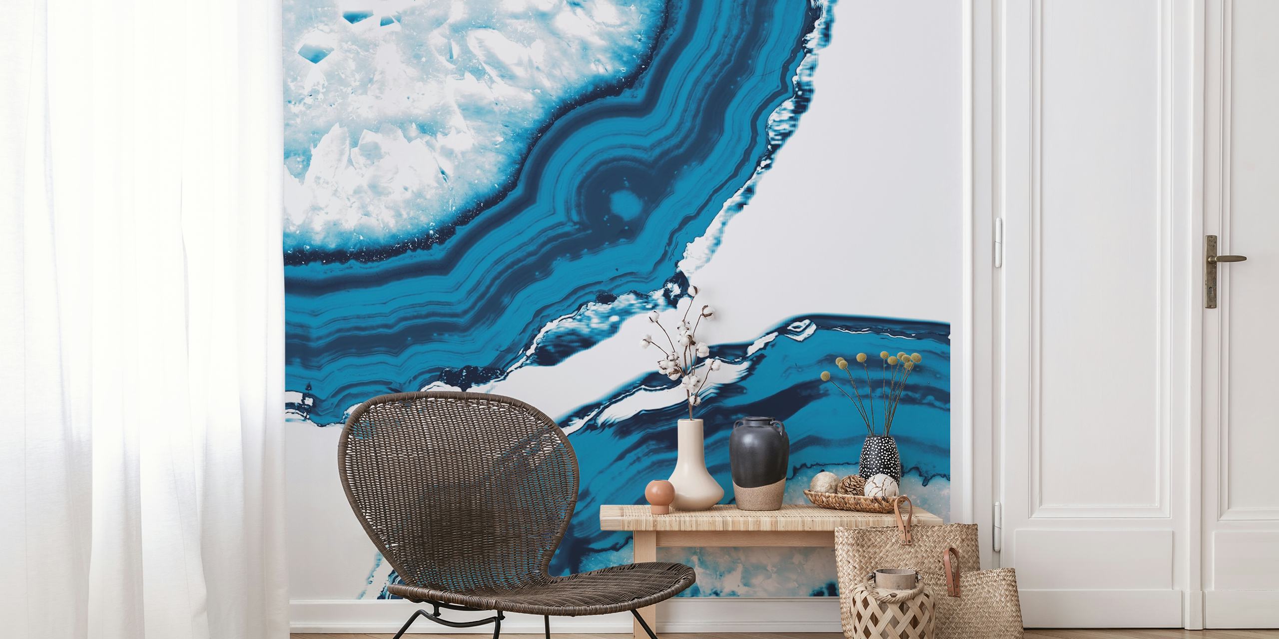 Blue agate slices with intricate line patterns and textures wallpaper