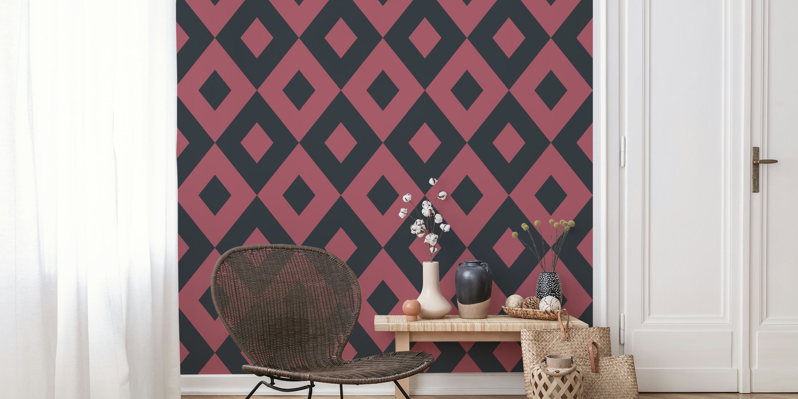 Geometric pattern with black and marsala red diamonds wallpaper