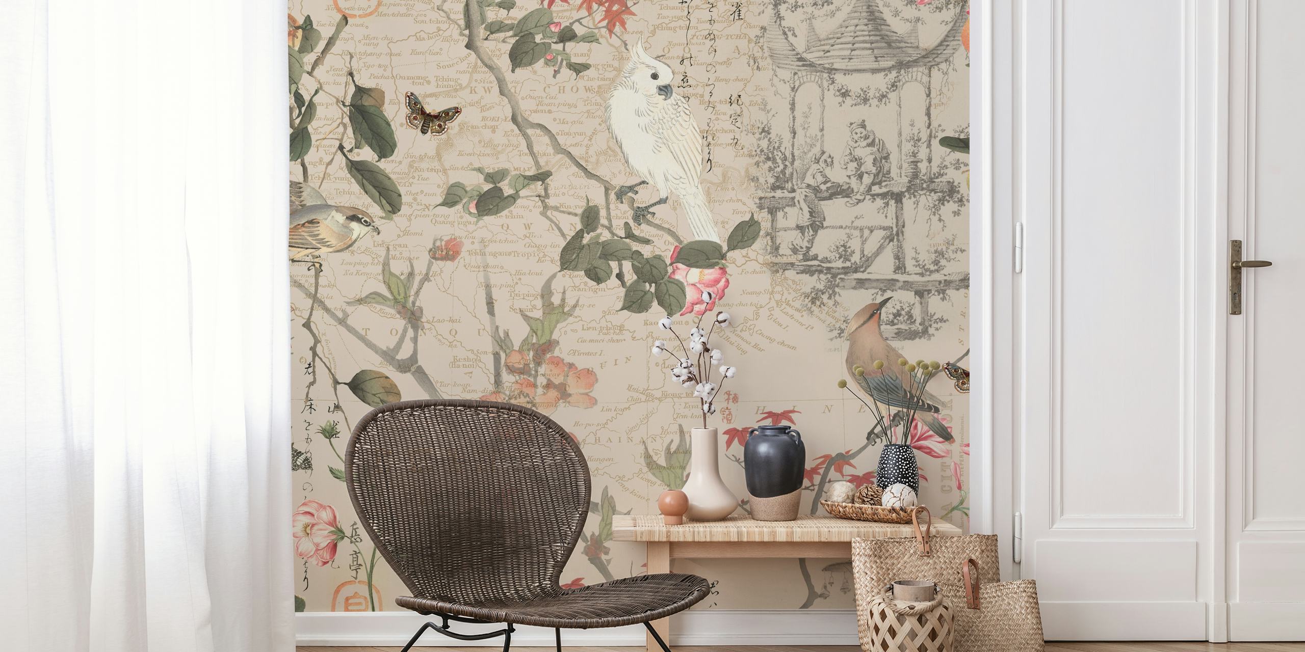 Papel de parede Chinoiserie Flower Cockatoo em uma sala