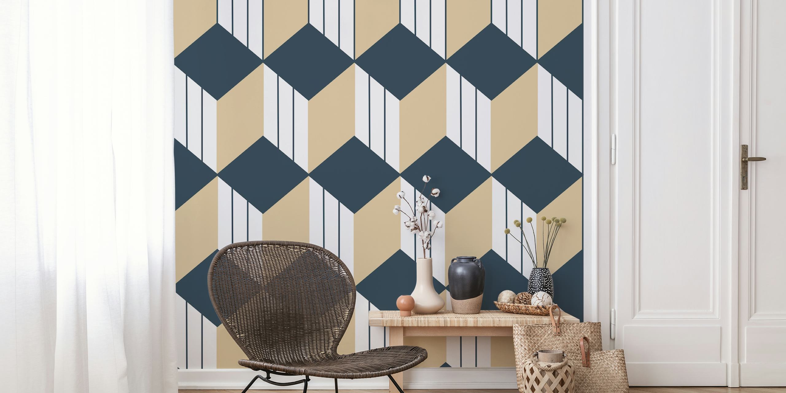 Mural de pared con patrón de cubos geométricos en carbón, beige y blanco
