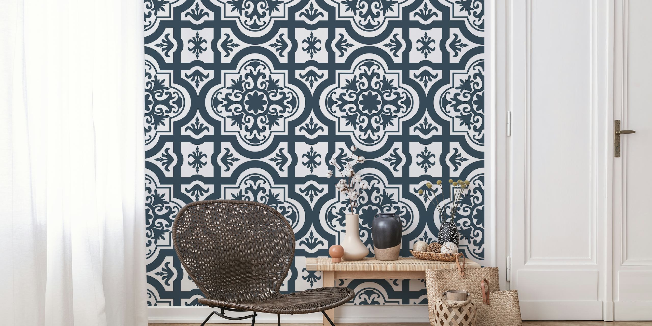 Moroccan Black and White Ornament τοιχογραφία που παρουσιάζει περίπλοκα γεωμετρικά και παραδοσιακά σχέδια