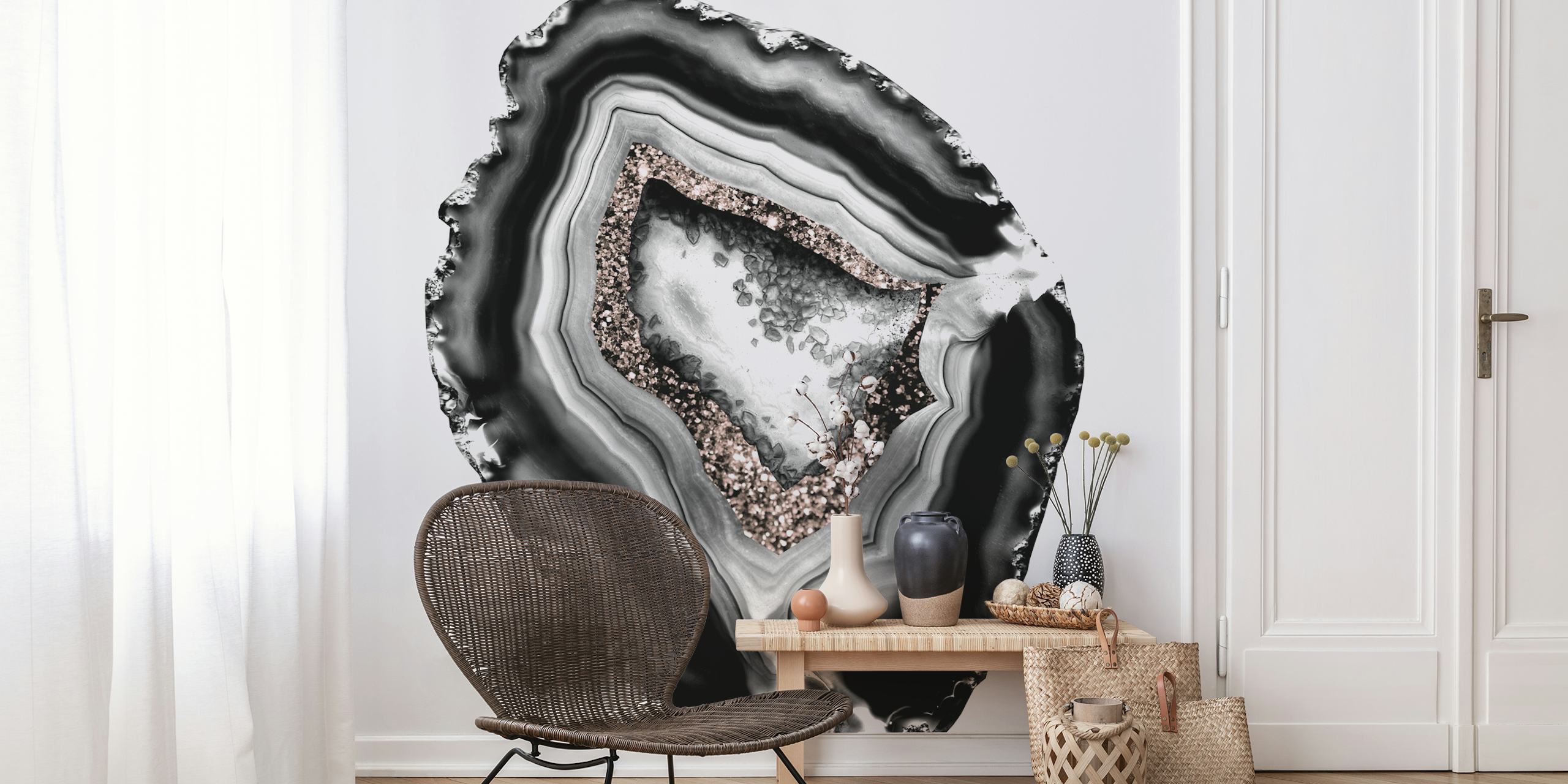Black and rose gold glitter agate pattern wallpaper