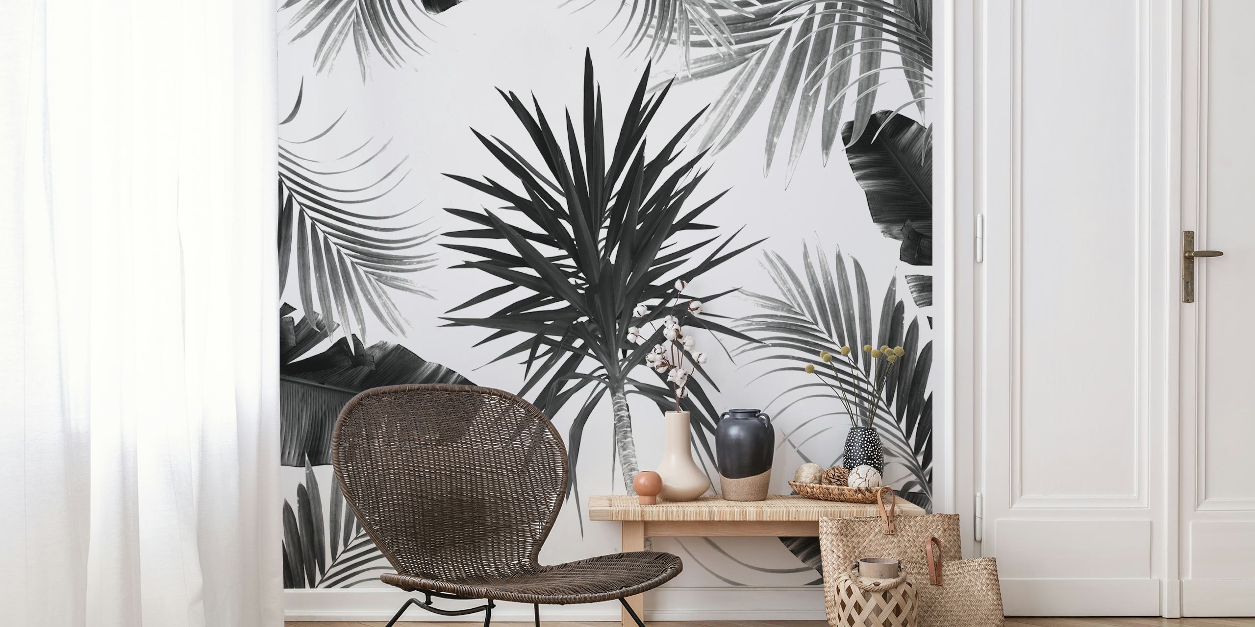 Black and white tropical leaves pattern wallpaper