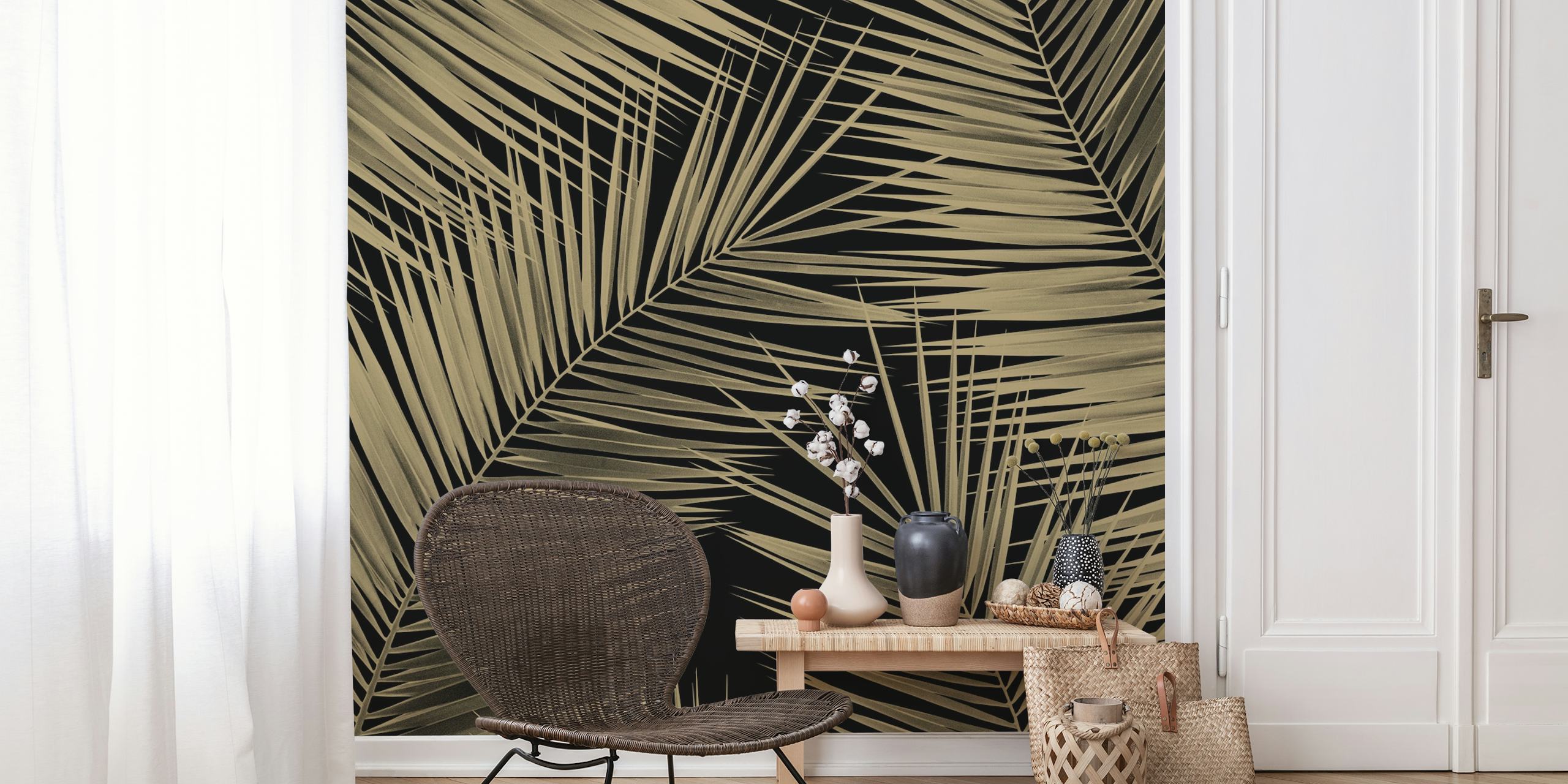 Papel de parede Tropical Palm Leaves Gold em um quarto