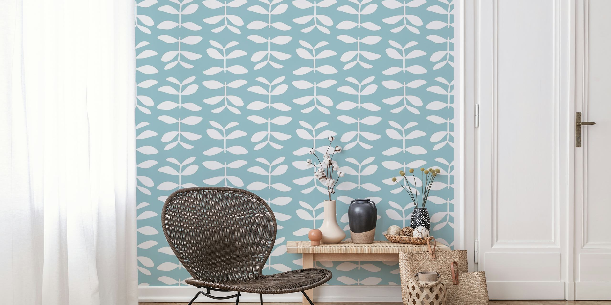 Floral pattern with white leaves on turquoise background wallpaper