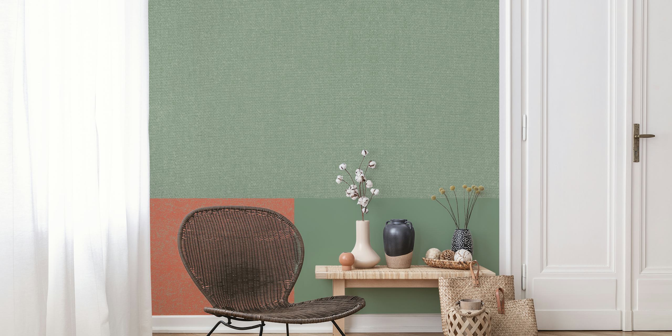 Green Fabric Minimalist wall mural with earthy green and muted coral blocks