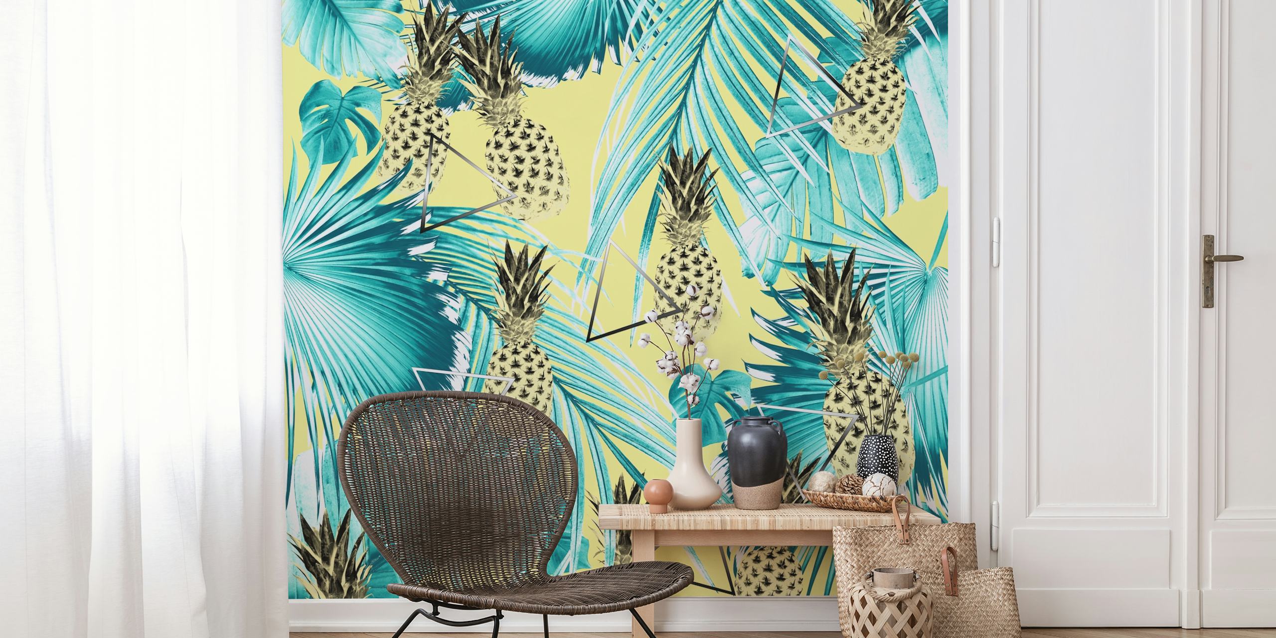Tropical pineapple and palm leaves wallpaper in yellow and green
