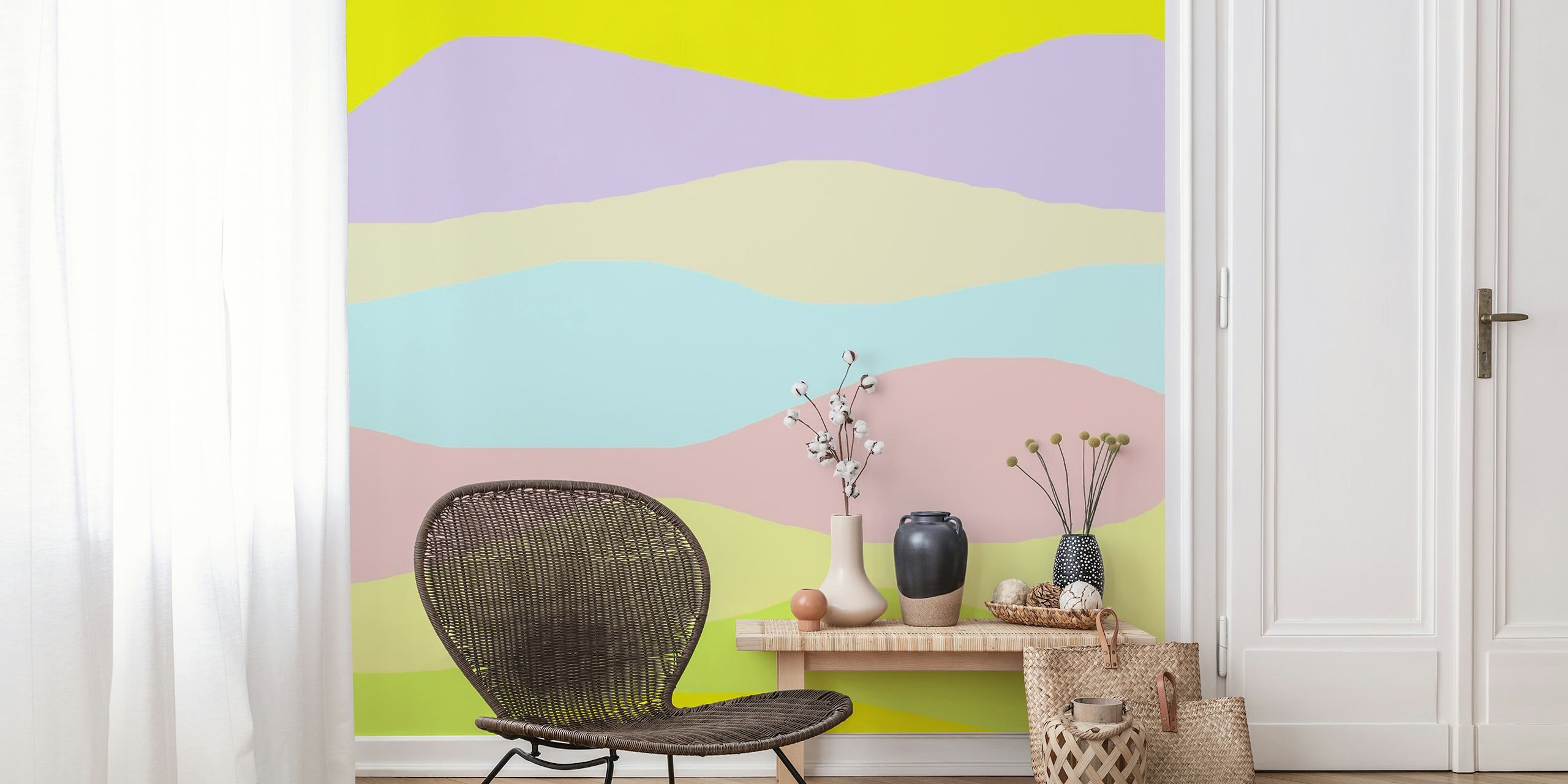 Abstrakti pastellivärinen aaltomaalaus luo rauhallisen kodin tunnelman