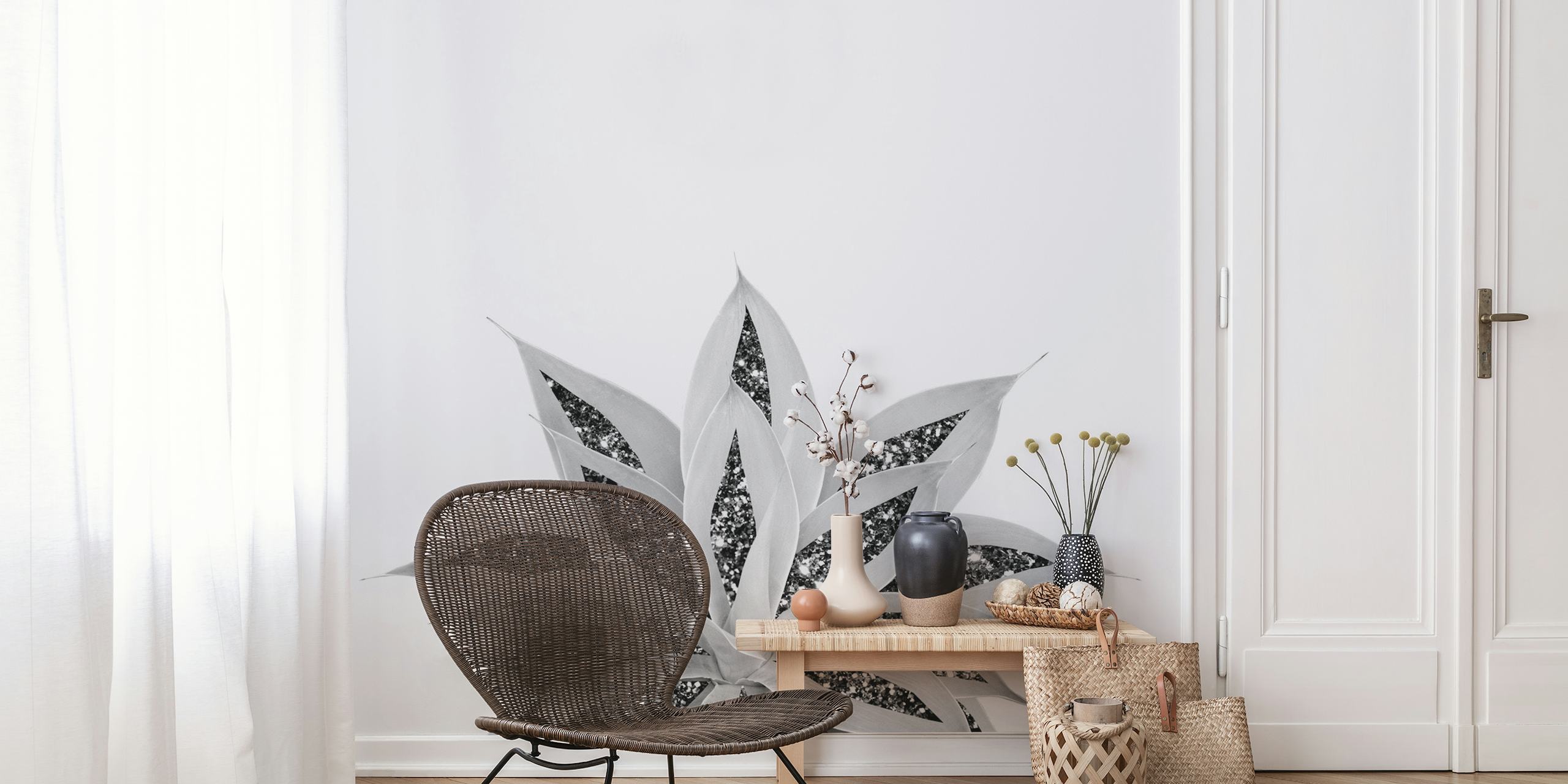 Gray agave plant with silver glitter highlights wall mural