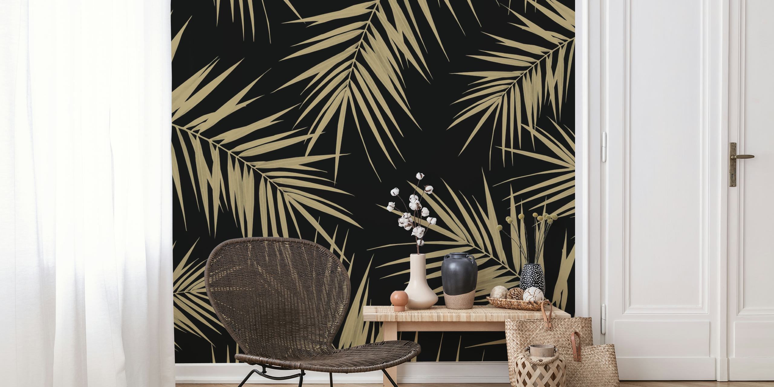 Tropical palm leaves on black background wallpaper