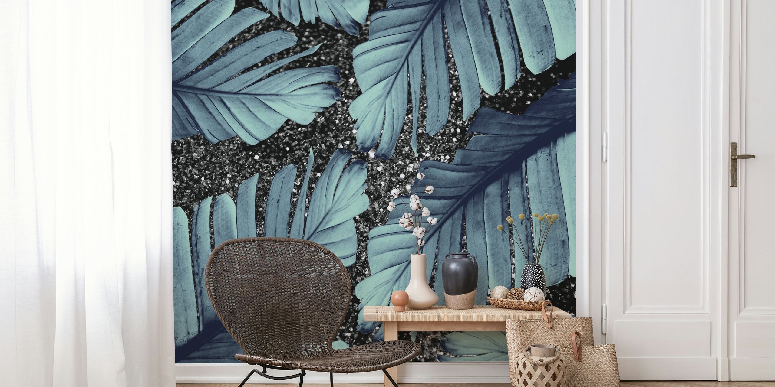 Tropical banana leaves on black glitter background wallpaper
