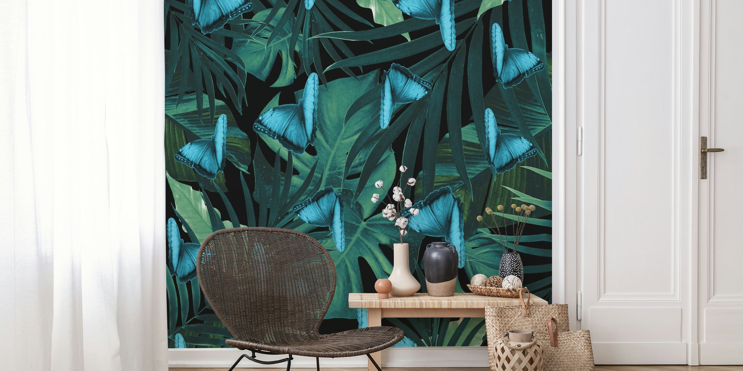 Tropical Butterfly Jungle wall mural with blue butterflies and green foliage.