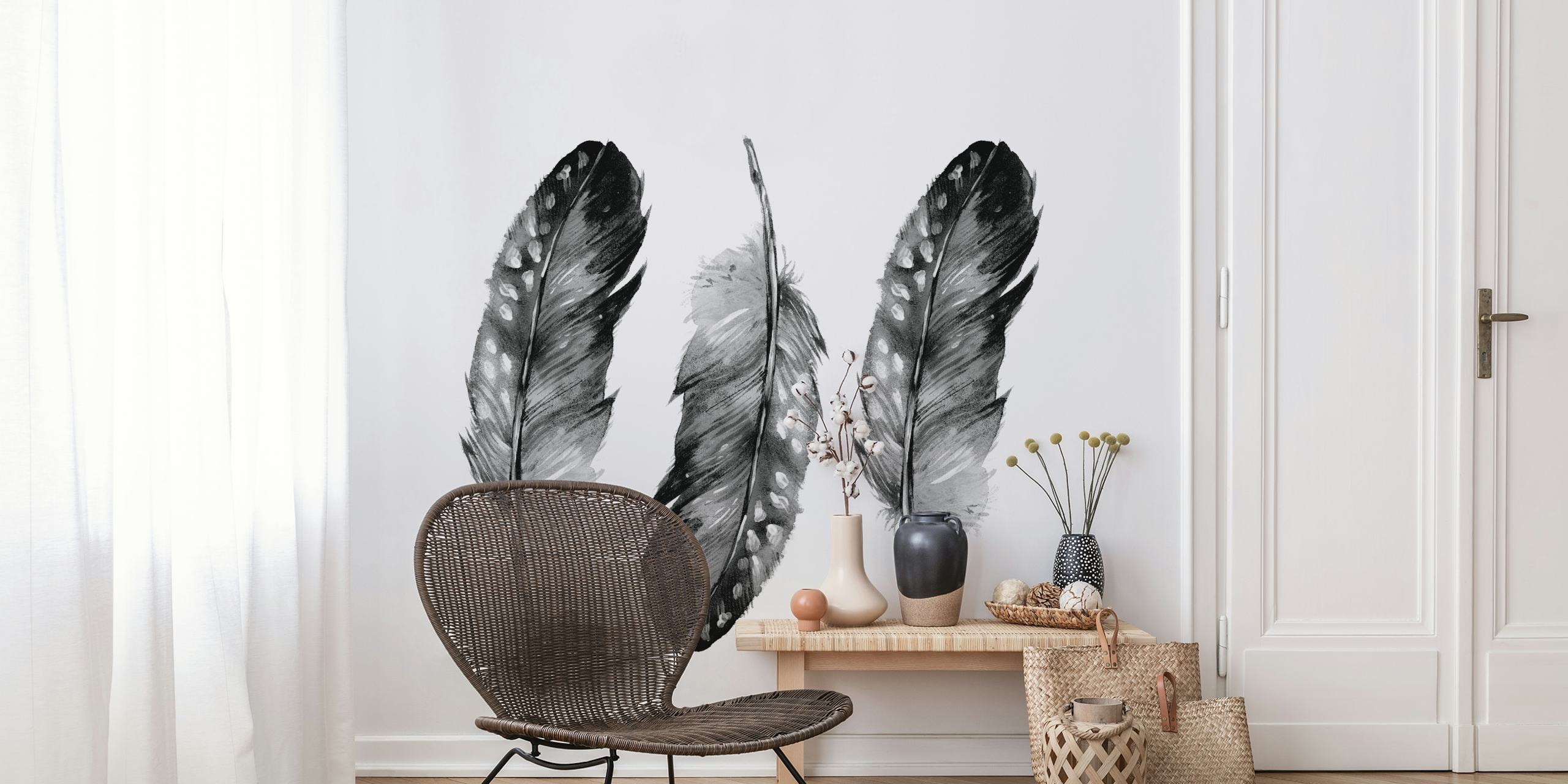 Three black and white feather illustrations on a white background wallpaper