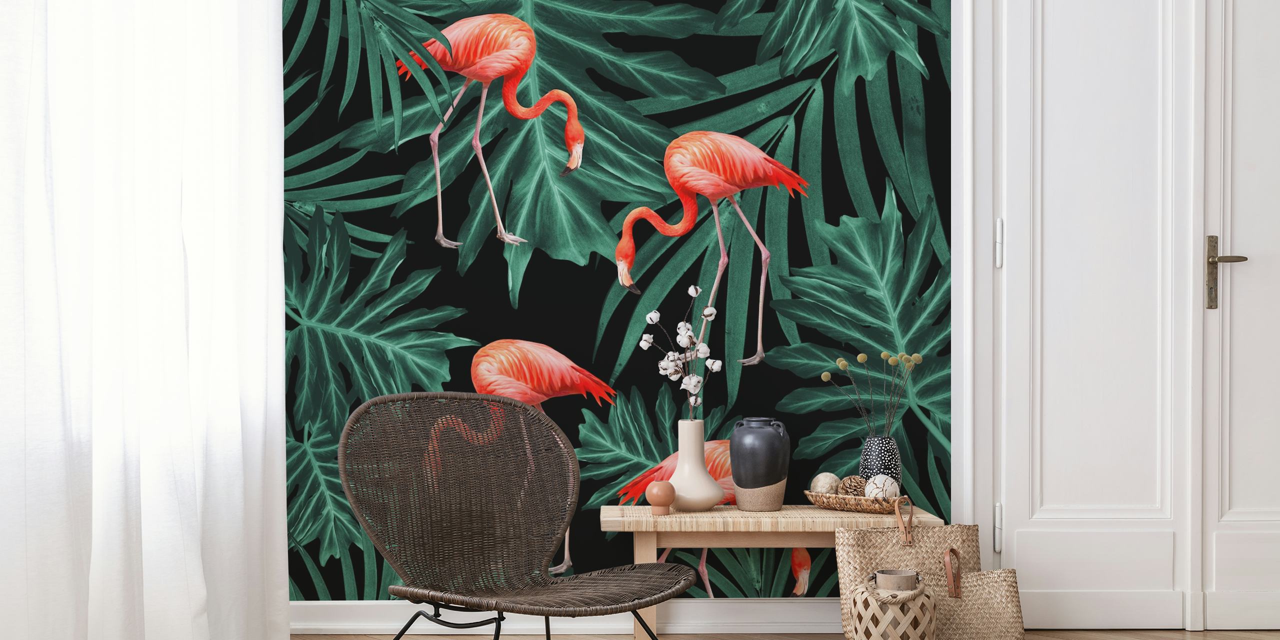 Flamingo and foliage pattern wallpaper in room