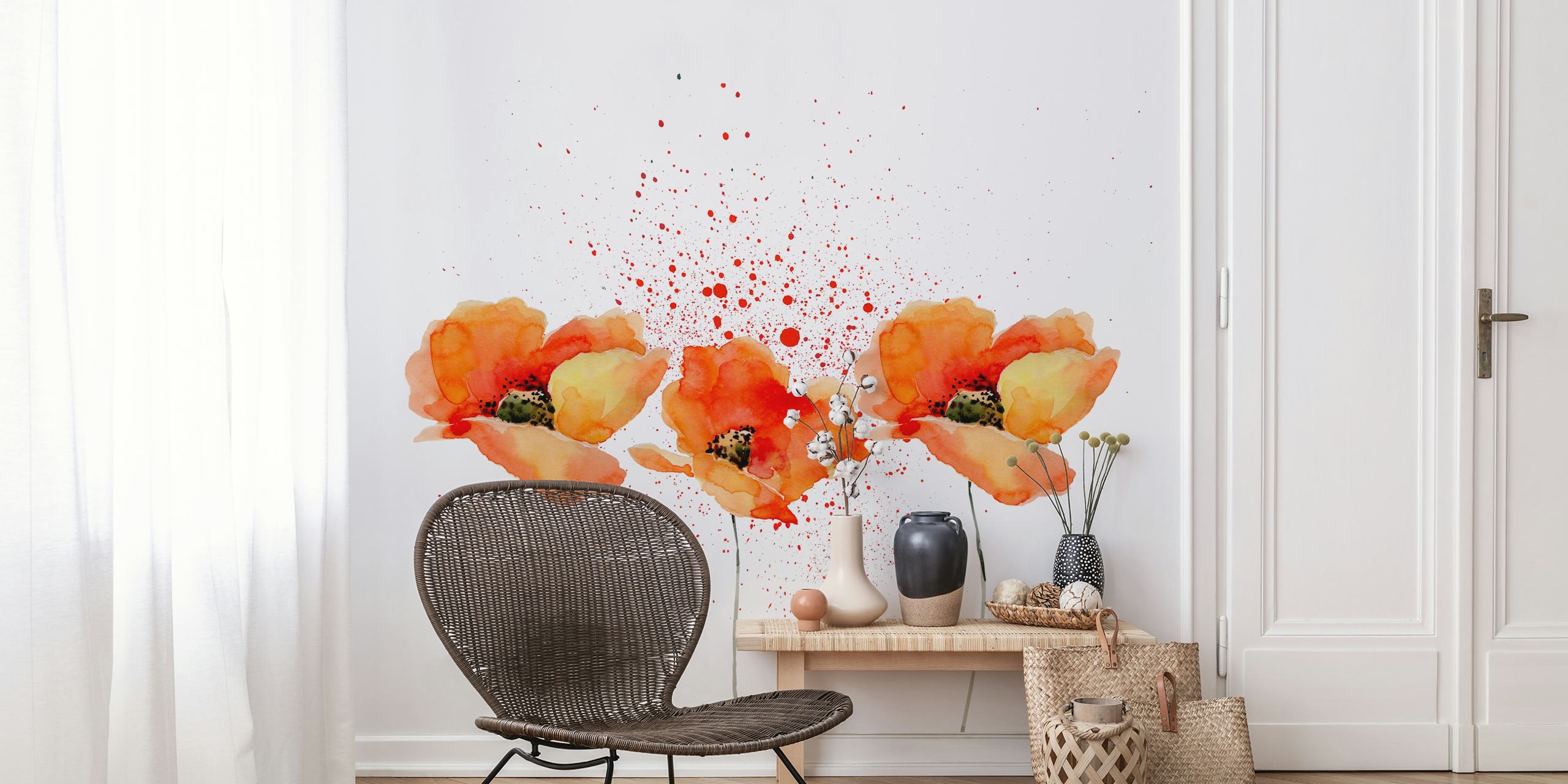 Tapeta Watercolor Poppies vystavená v místnosti