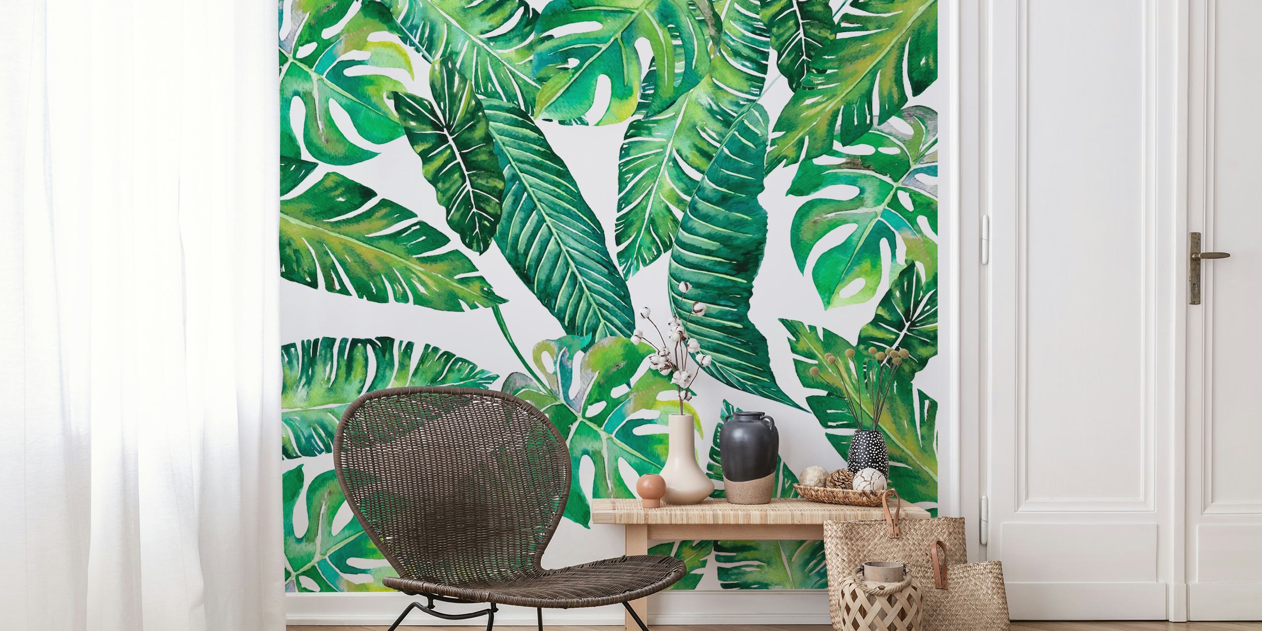 Jungle Leaves Banana Monstera papier peint dans une pièce