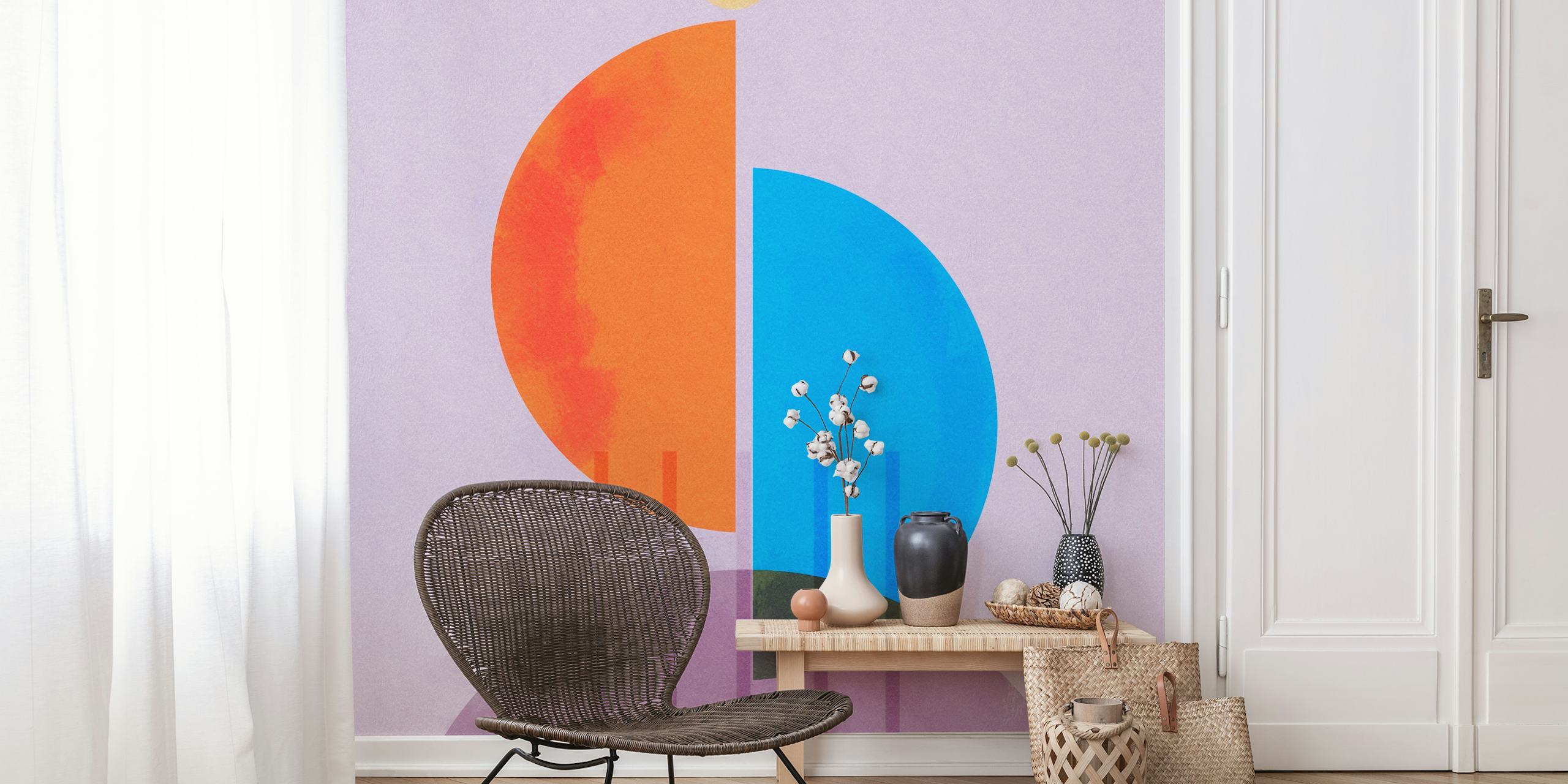 Colorful geometric shapes in orange, blue, and purple wallpaper