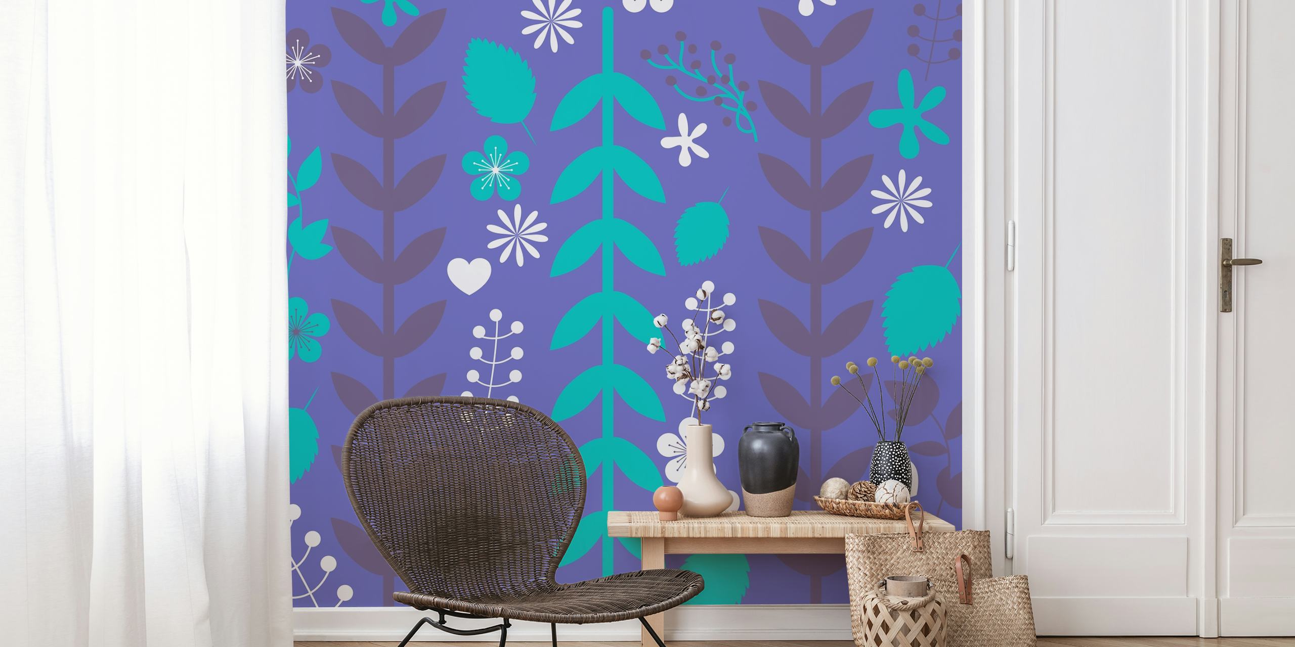 Very Peri Purple Blue Floral wallpaper in a room