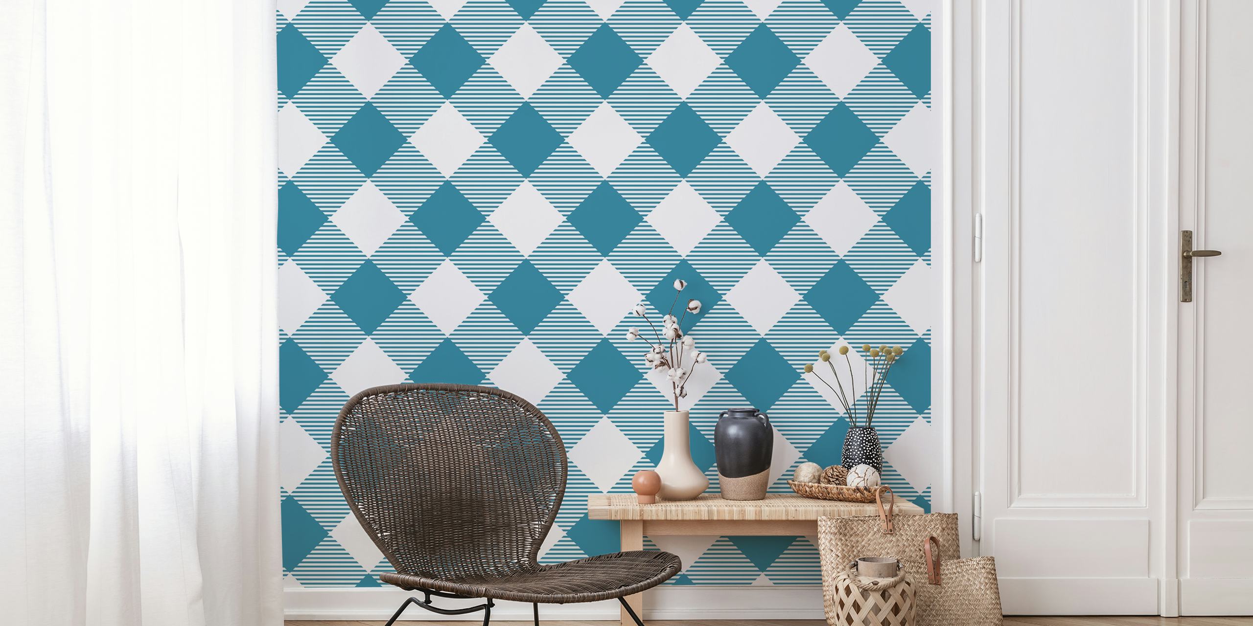Check pattern wallpaper in dark teal green and white featuring geometric diamond shapes.