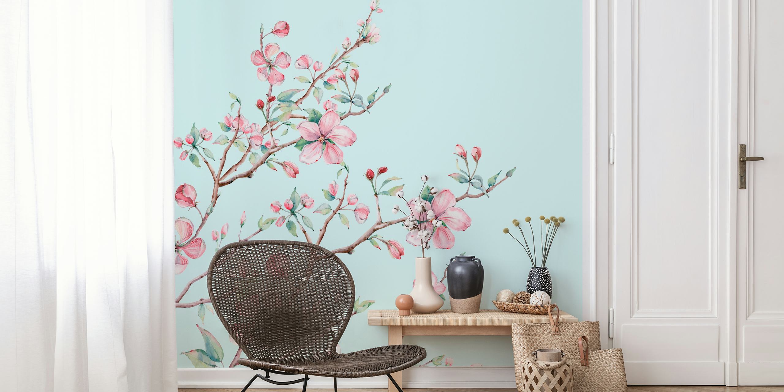 Pink floral branches with mint background wallpaper