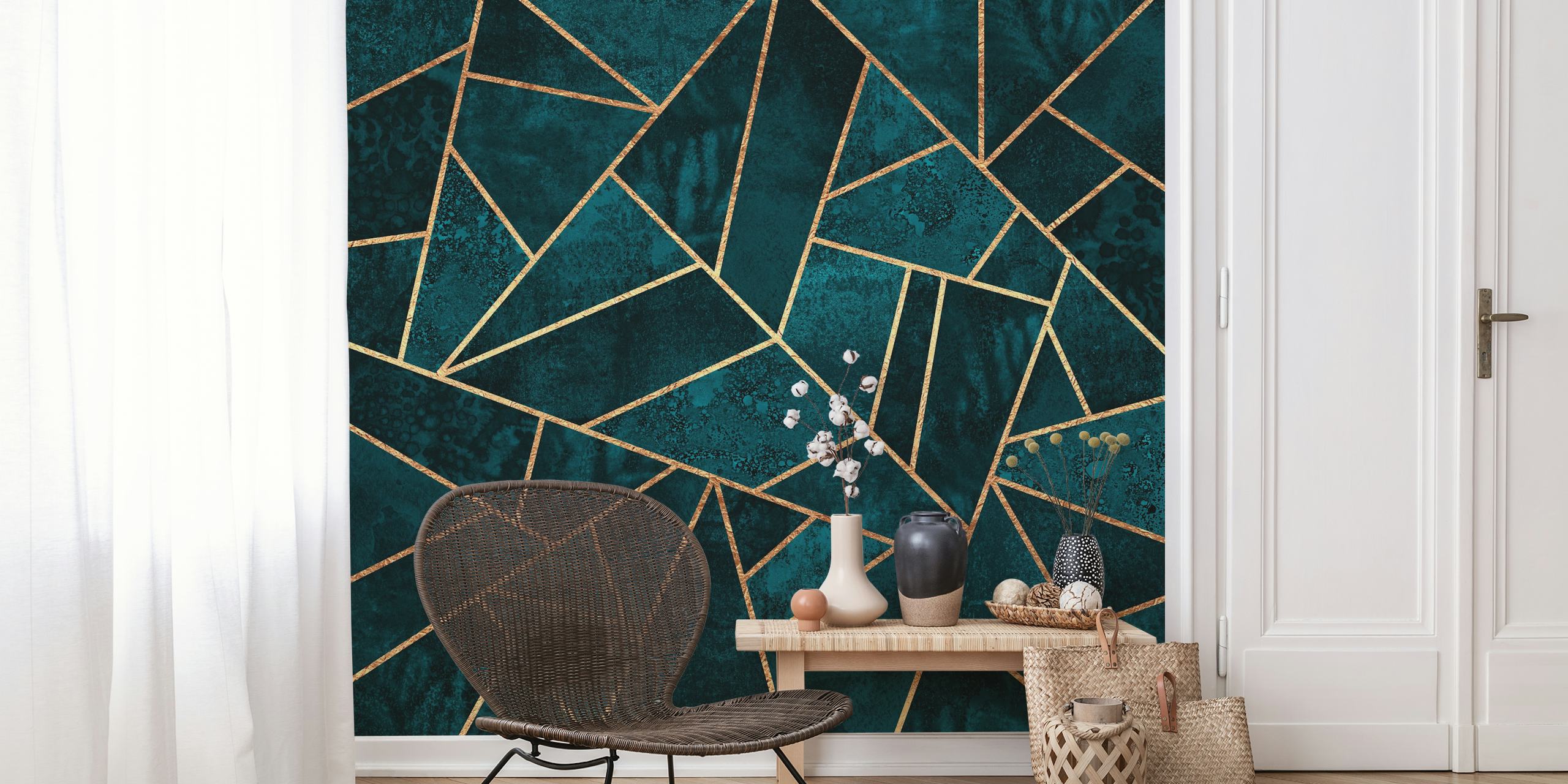 Geometric pattern in deep teal with gold accents wallpaper