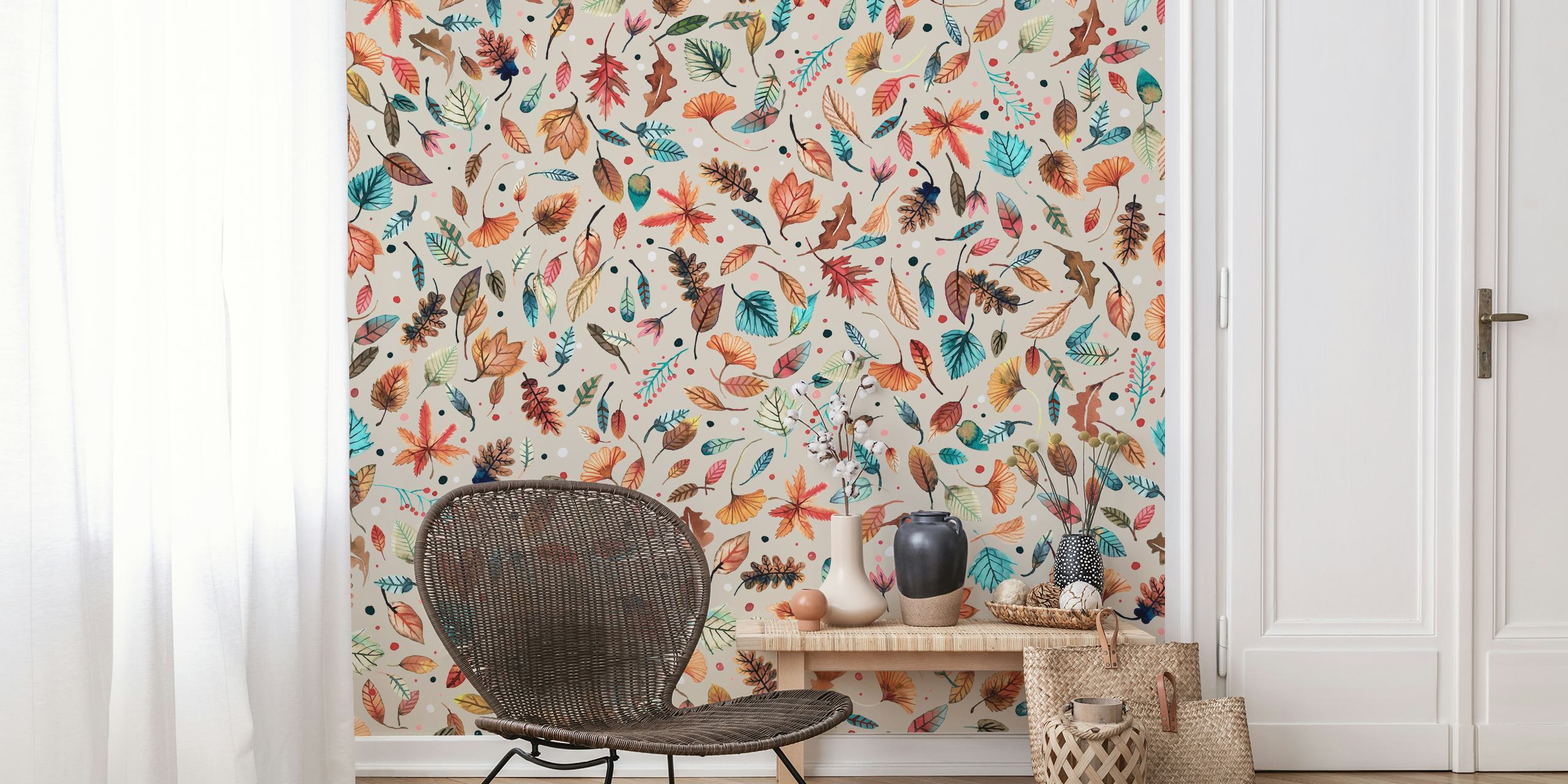 Ταπετσαρία Little Autumn Leaves Beige σε ένα δωμάτιο